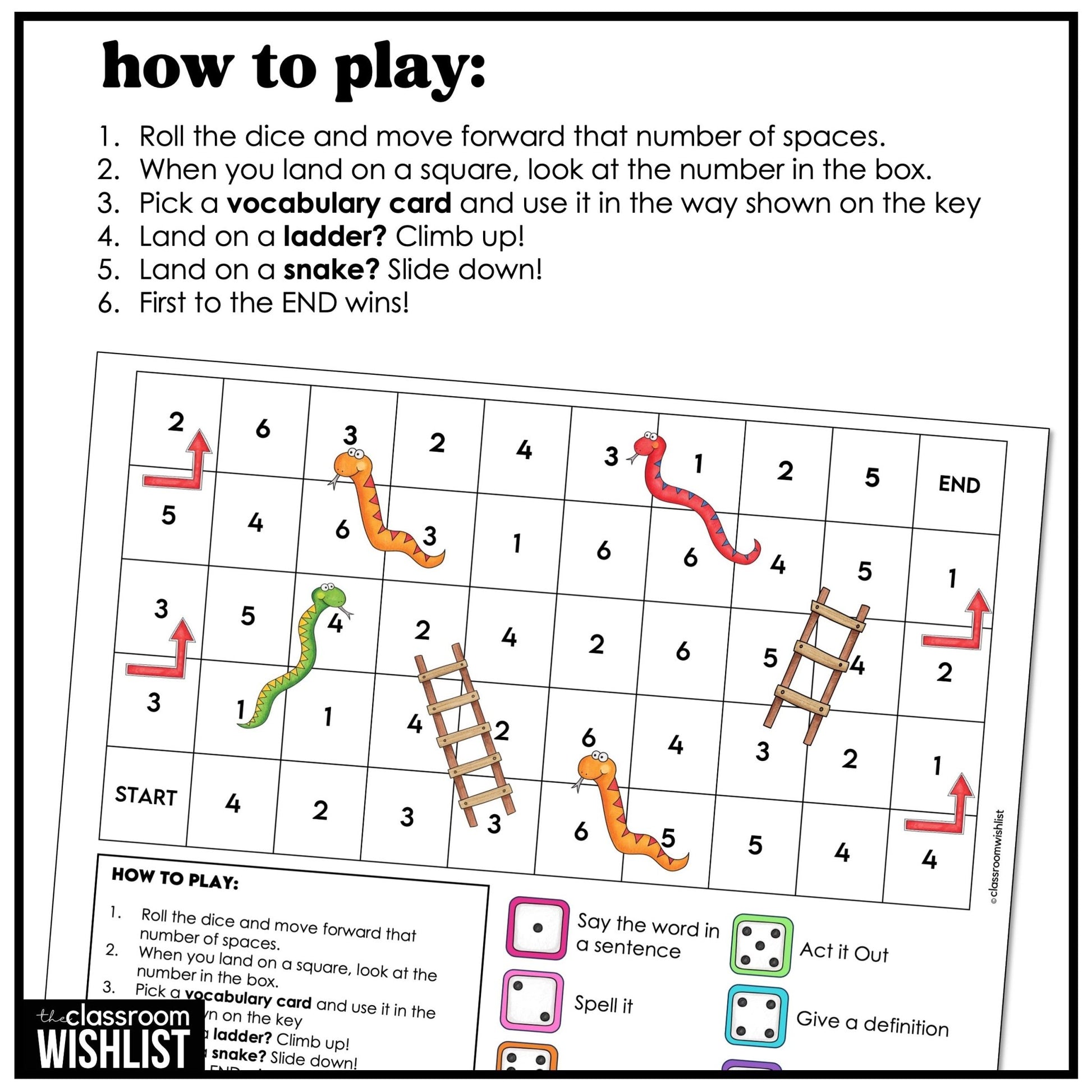 Snakes and Ladders Vocabulary Game Board – Free Printable for Any Word List - Hot Chocolate Teachables
