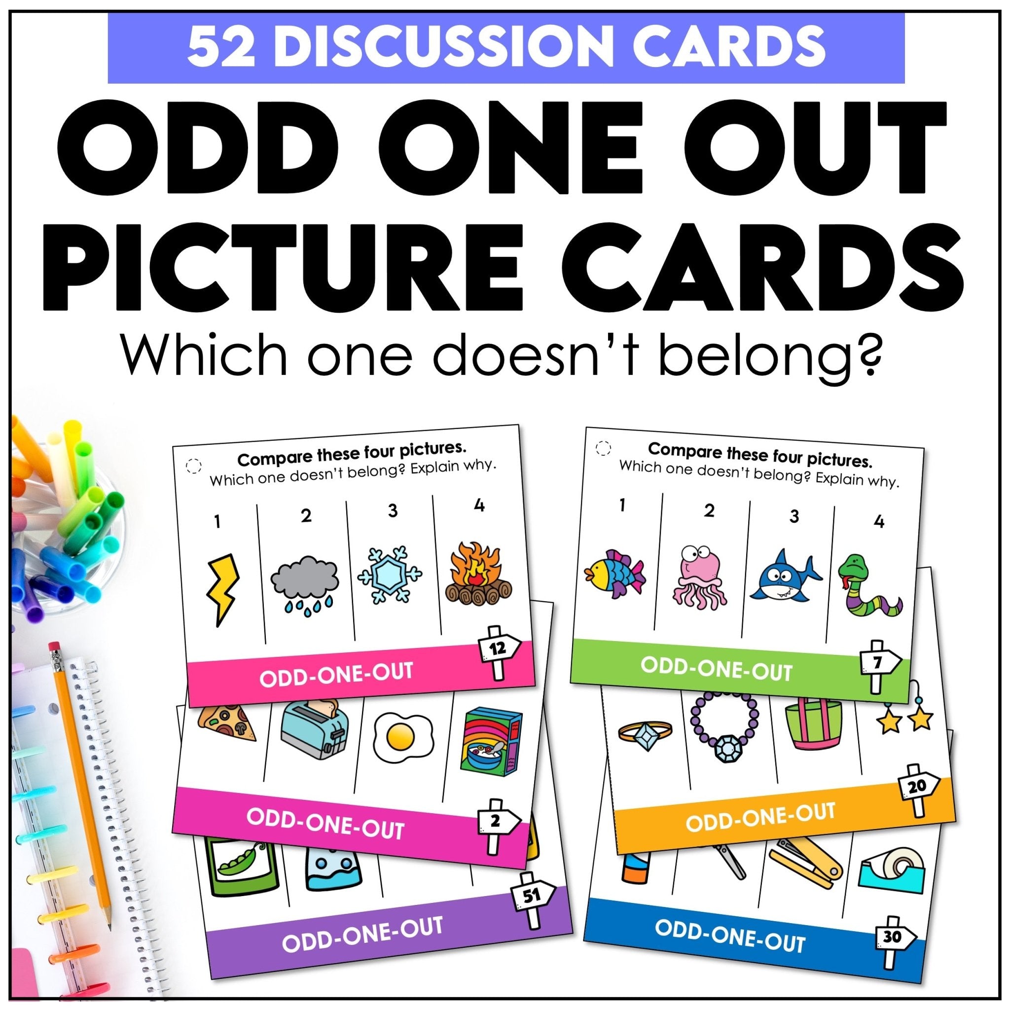 Speaking Activity Task Cards: Odd one out - Which object doesn't belong and why? - Hot Chocolate Teachables