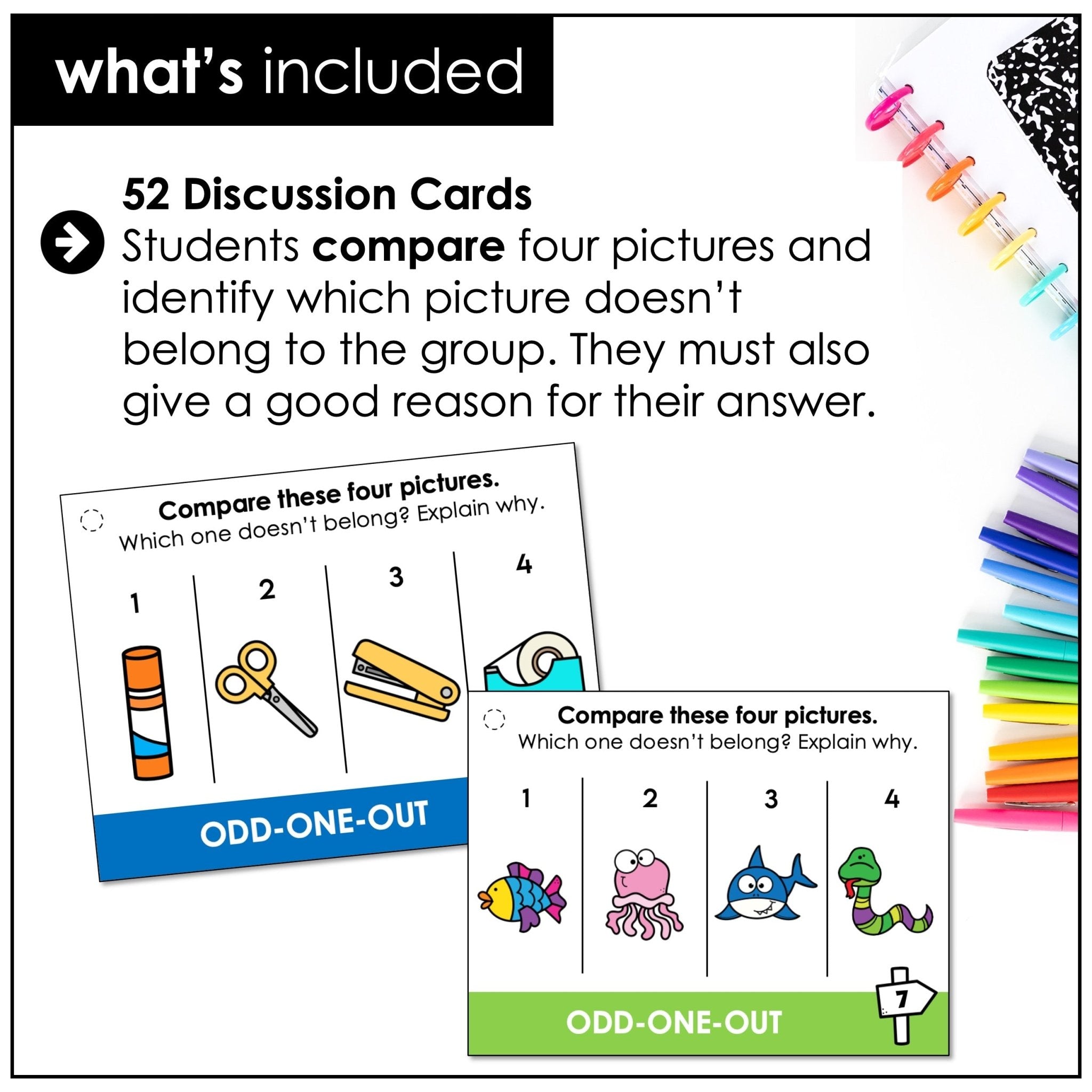 Speaking Activity Task Cards: Odd one out - Which object doesn't belong and why? - Hot Chocolate Teachables