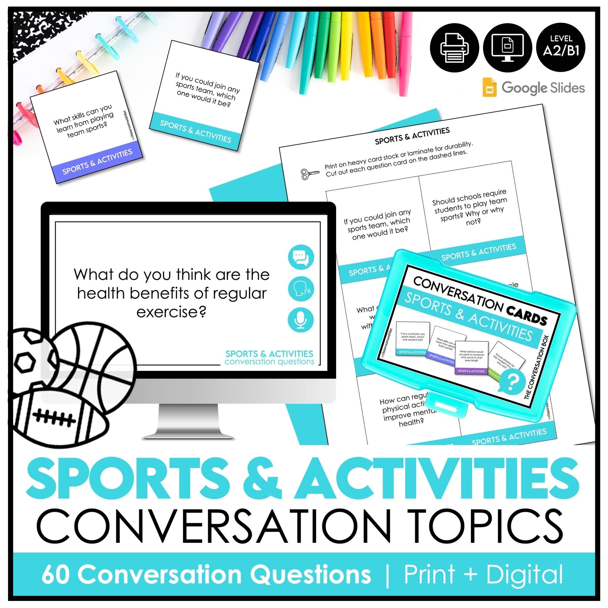 Sports & Physical Activities Conversation Starters | Question Cards | ESL, EFL - Hot Chocolate Teachables