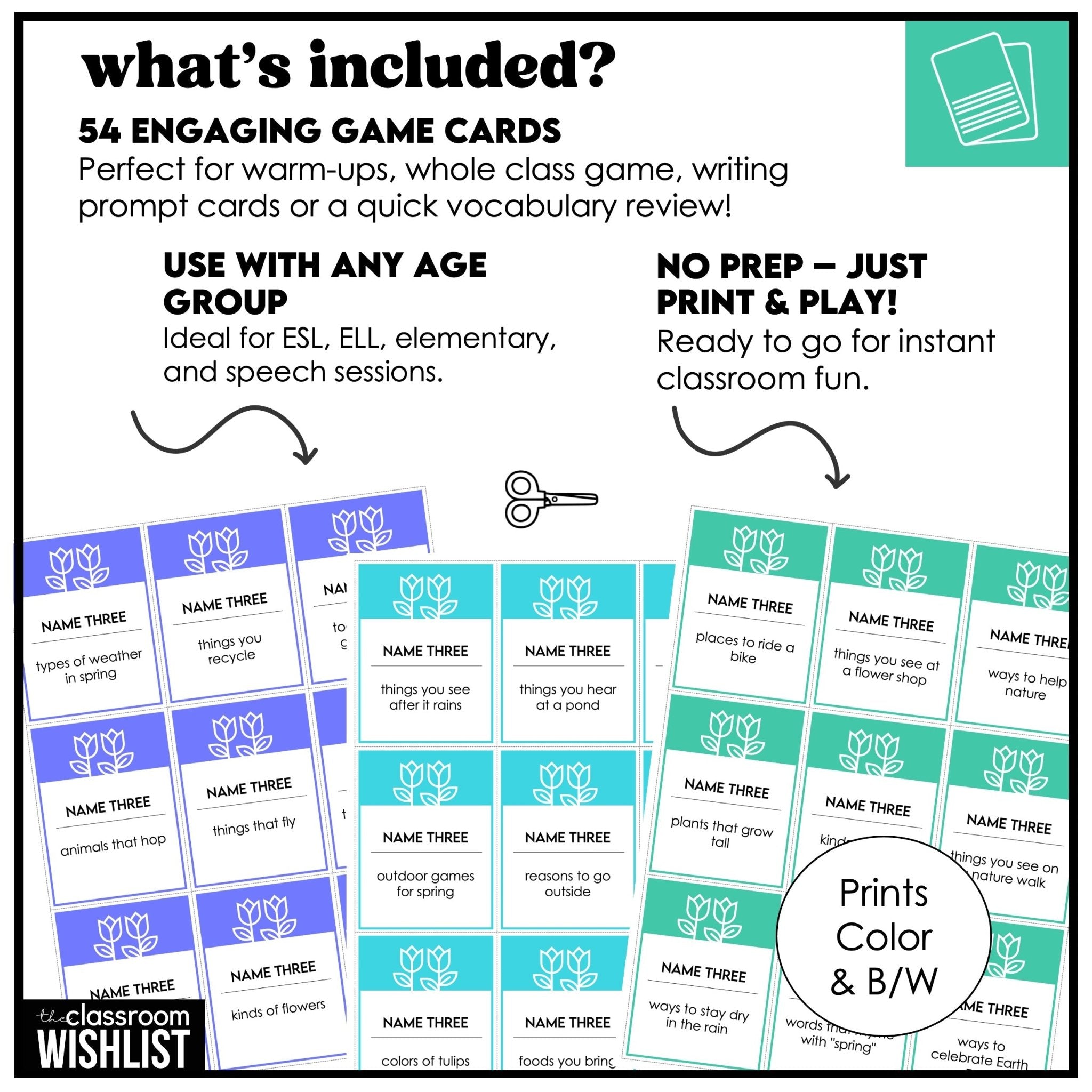 Spring Vocabulary Card Game for ESL | Name 3 Things Think Fast Speaking Activity - Hot Chocolate Teachables