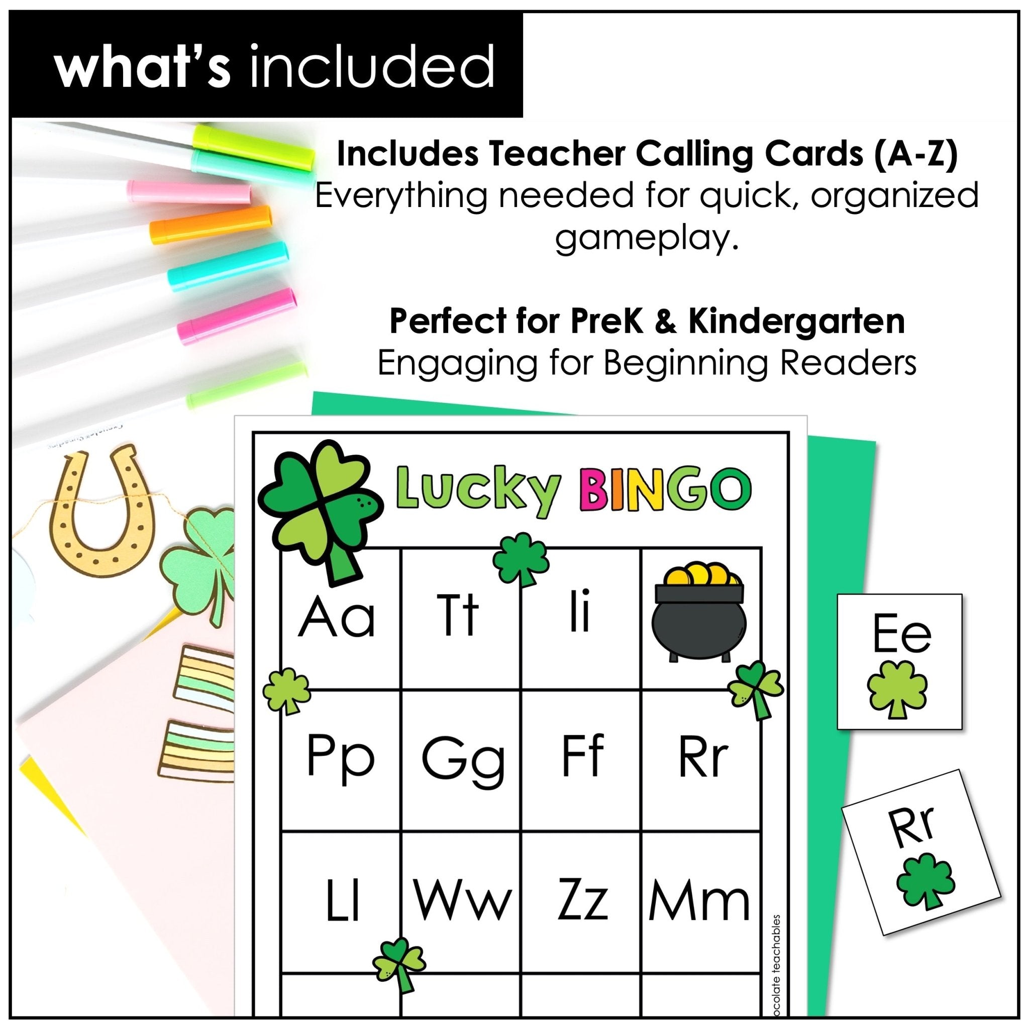 St. Patrick's Day Alphabet Bingo Game for March - Uppercase Letters A through Z - Hot Chocolate Teachables