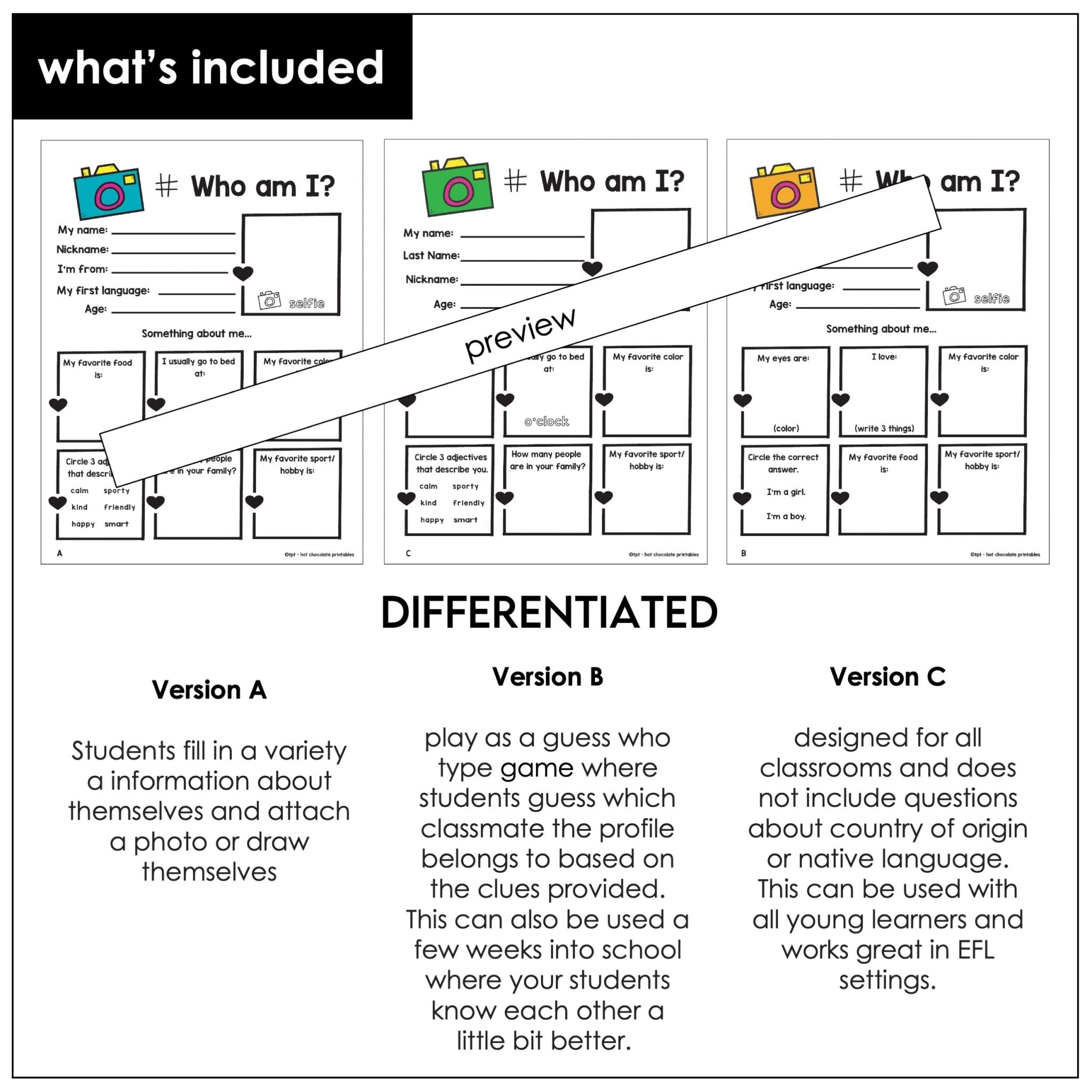 Student Profile Worksheets for Back to School - Visual Introduction Activity - Hot Chocolate Teachables