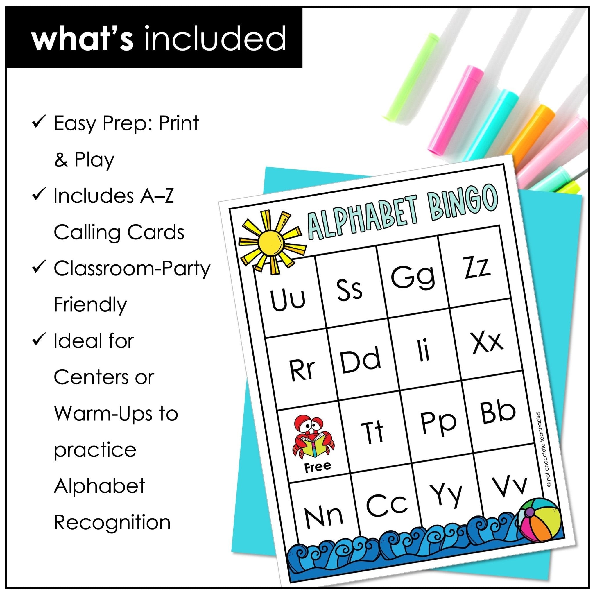 Summer Alphabet Bingo Game Cards - Uppercase & Lowercase Letters - Hot Chocolate Teachables
