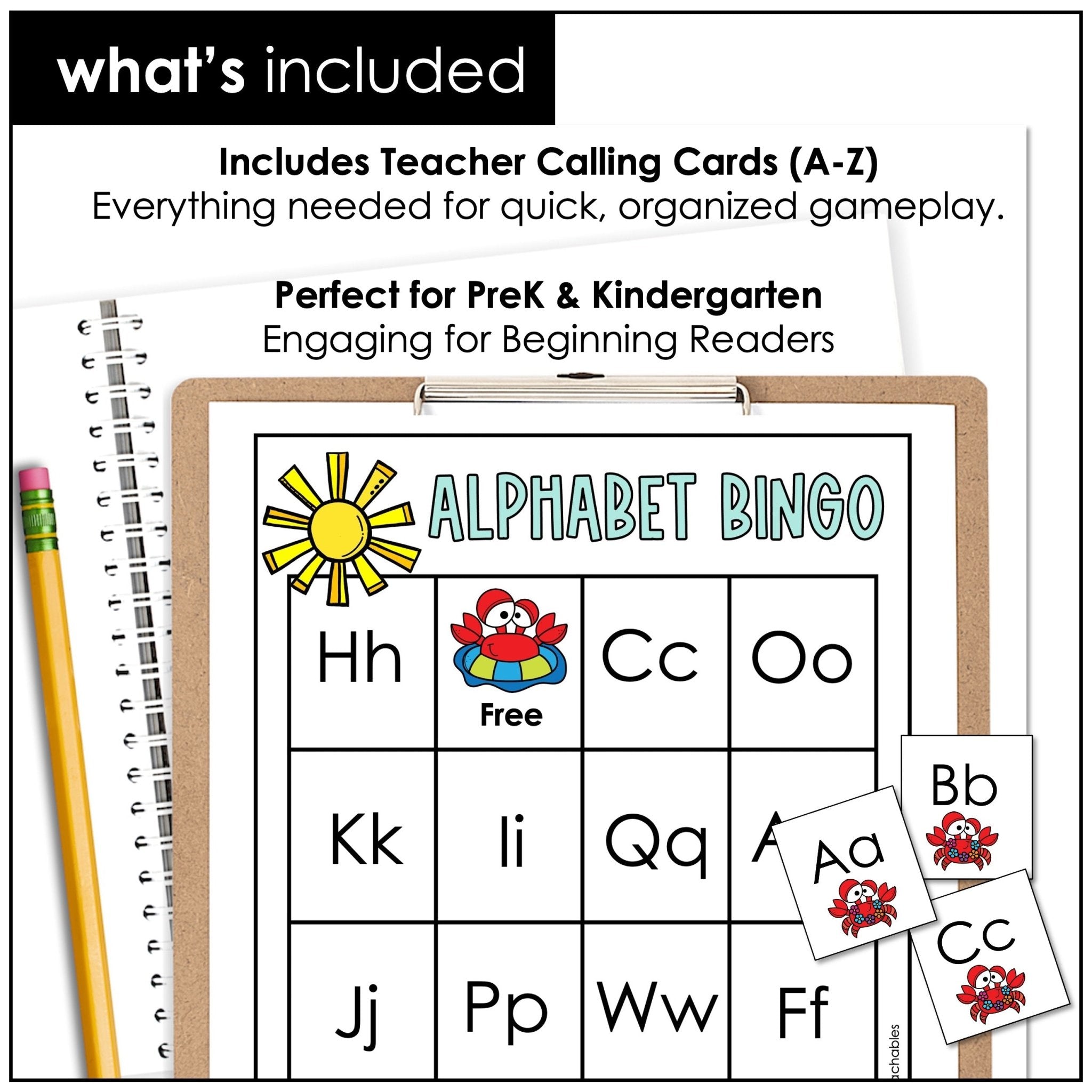 Summer Alphabet Bingo Game Cards - Uppercase & Lowercase Letters - Hot Chocolate Teachables