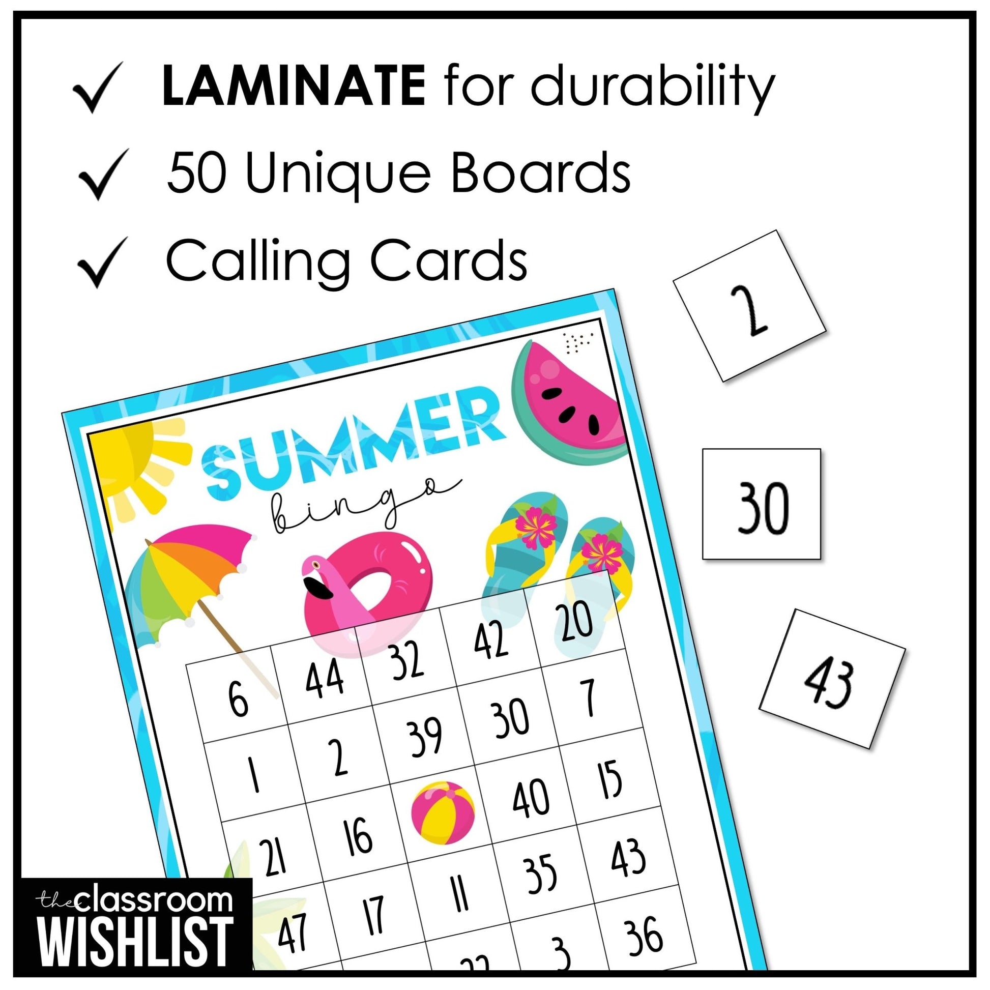 Summer Bingo Game | End of School Year Party Activity | 50 Unique Bingo Cards - Hot Chocolate Teachables
