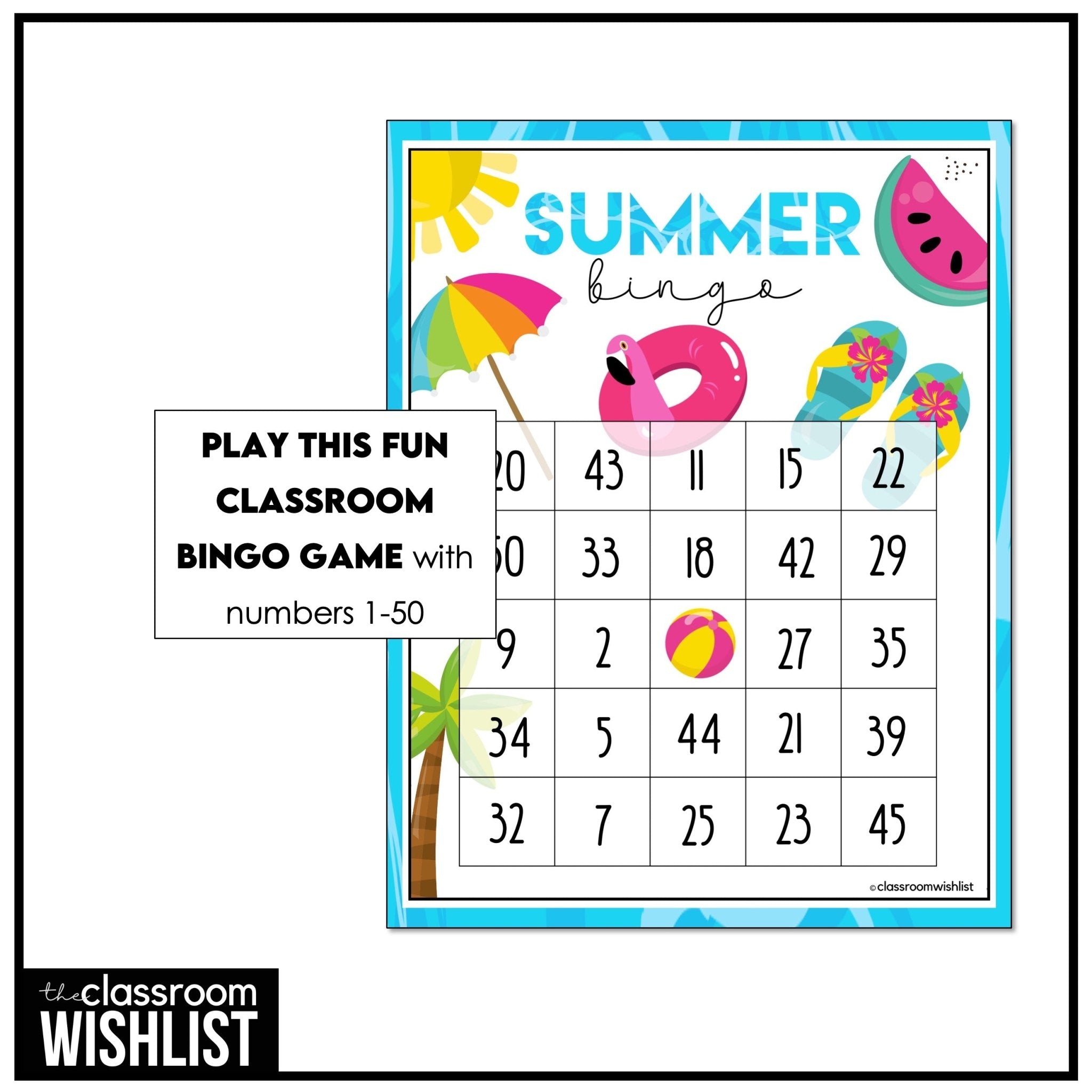Summer Bingo Game | End of School Year Party Activity | 50 Unique Bingo Cards - Hot Chocolate Teachables