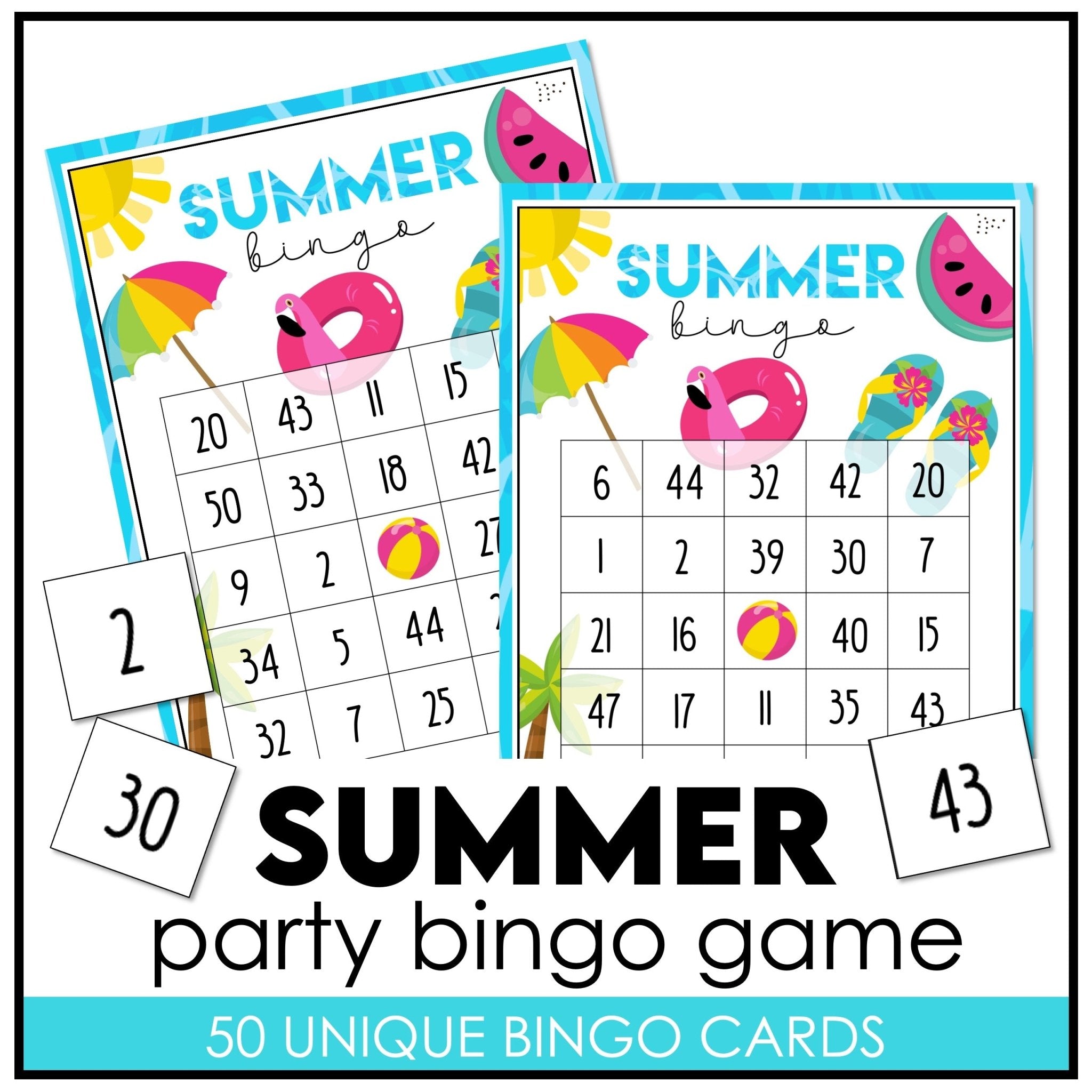 Summer Bingo Game | End of School Year Party Activity | 50 Unique Bingo Cards - Hot Chocolate Teachables