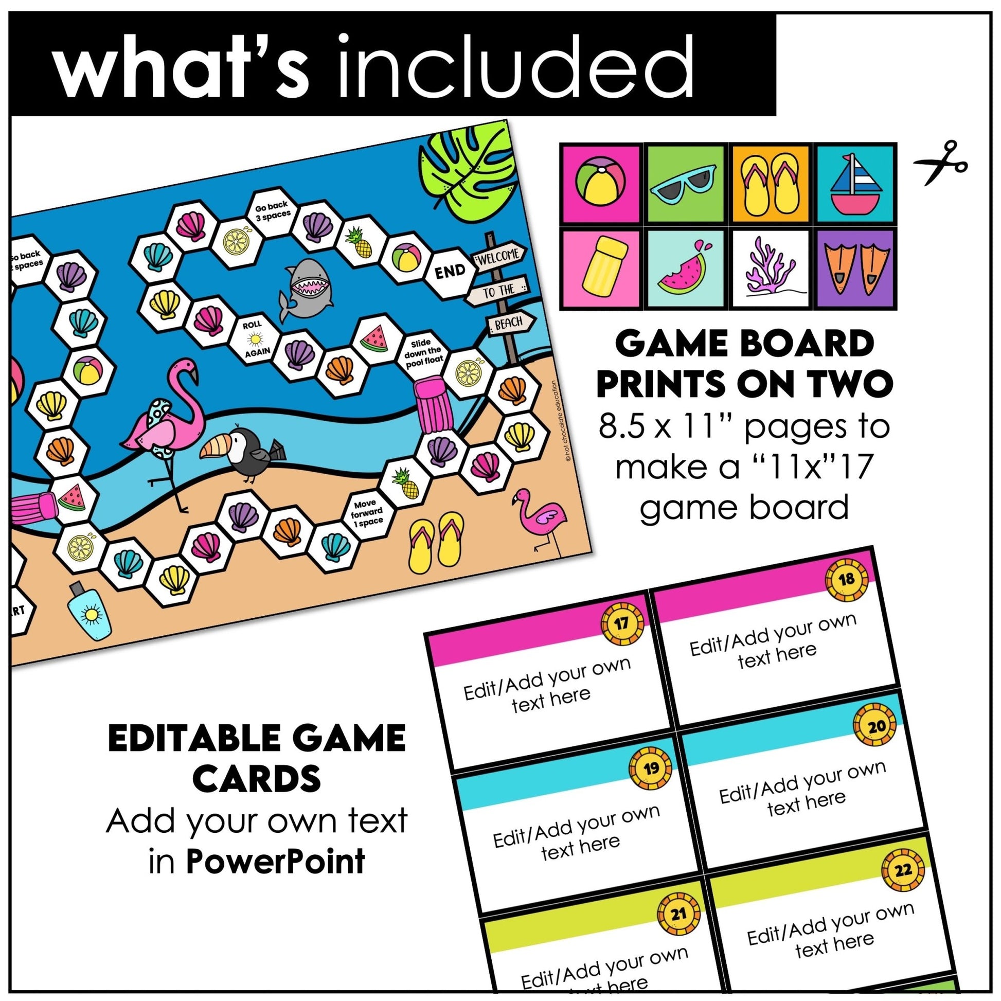 Summer Board Game Template for ANY subject with Editable Game Cards - Hot Chocolate Teachables