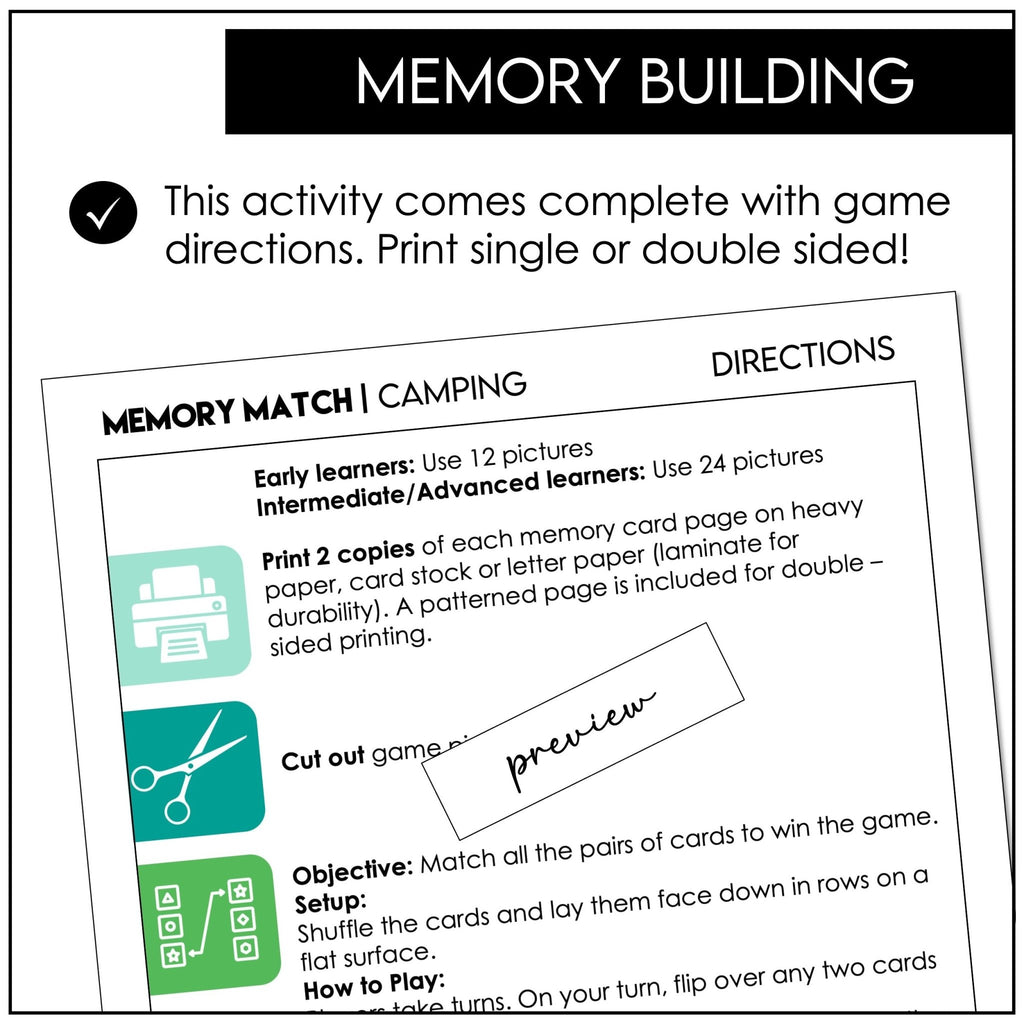 Summer Camp Vocabulary Memory Match - Hot Chocolate Teachables