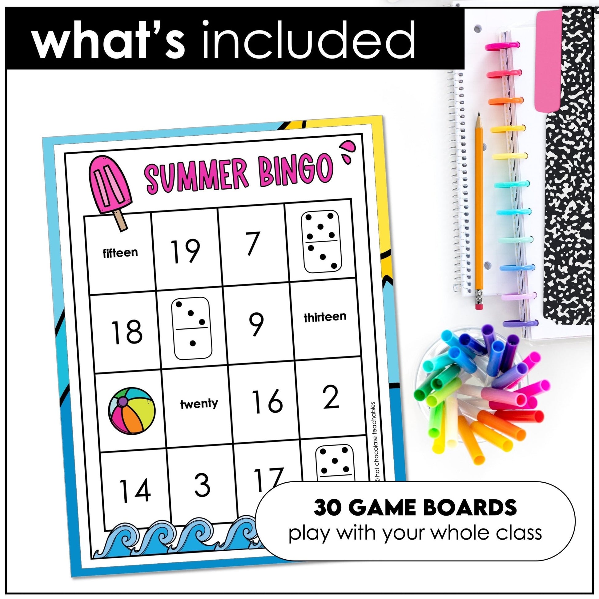 Summer Math Bingo Game 1–20 – Numerals, Number Words & Teen Number Practice - Hot Chocolate Teachables