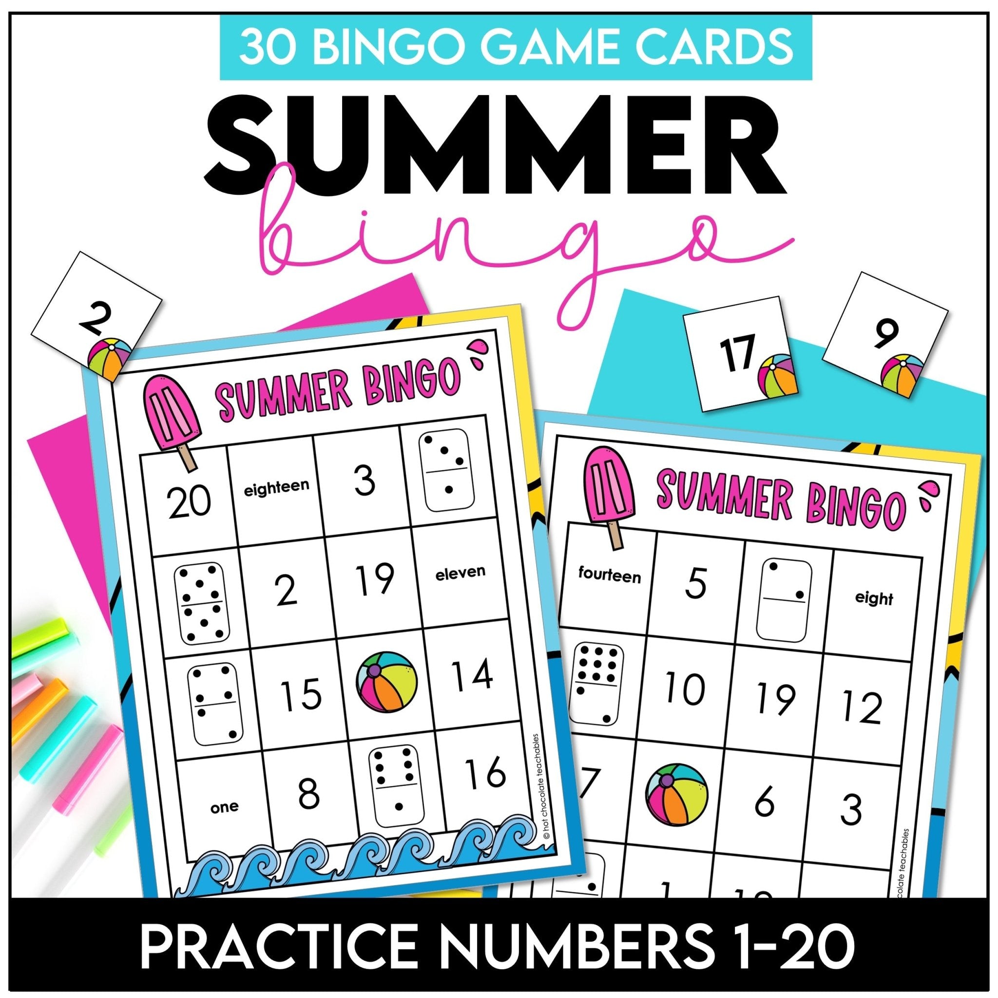 Summer Math Bingo Game 1–20 – Numerals, Number Words & Teen Number Practice - Hot Chocolate Teachables