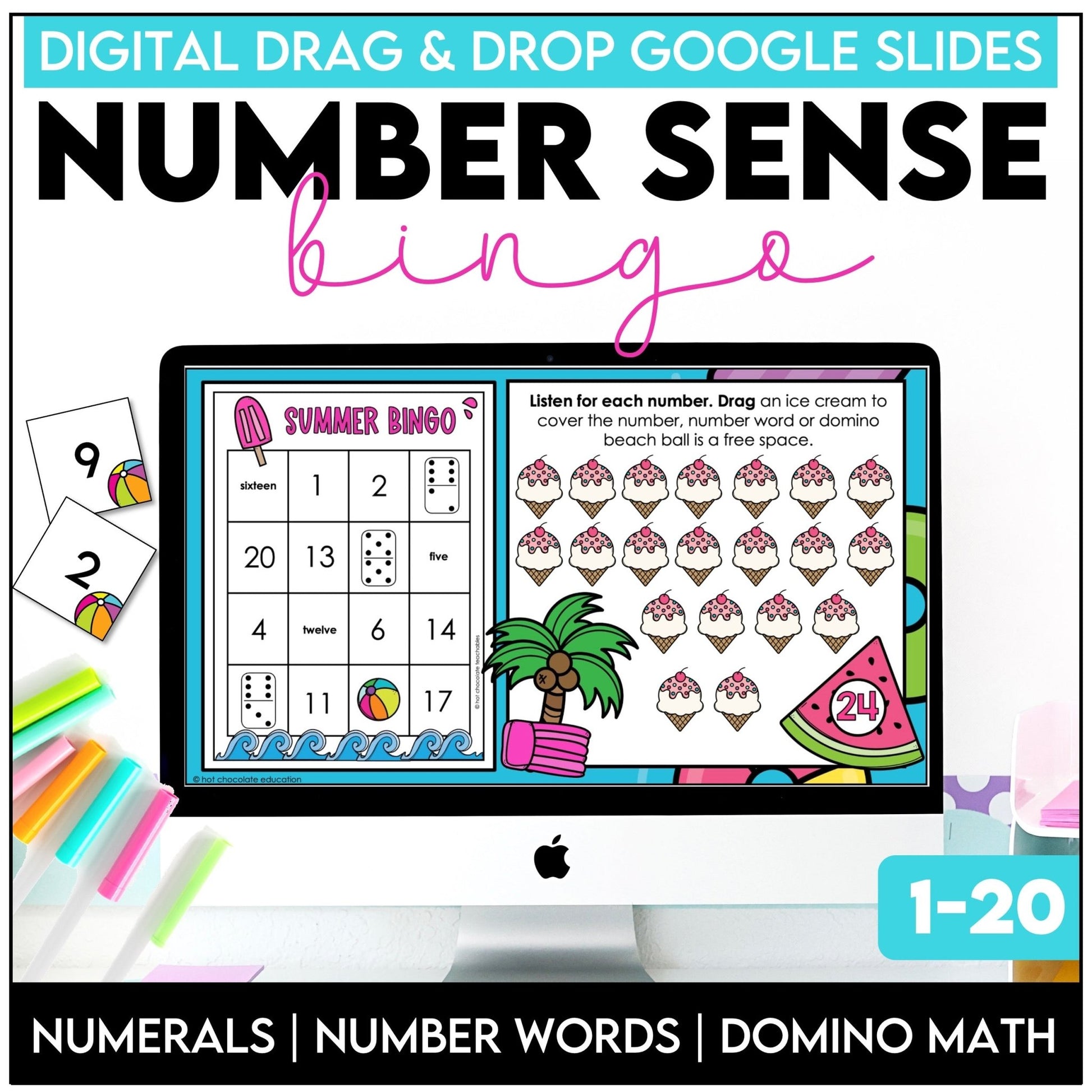 Summer Teen Number Bingo Game – Digital Drag & Drop Practice for Numbers 1–20 - Hot Chocolate Teachables