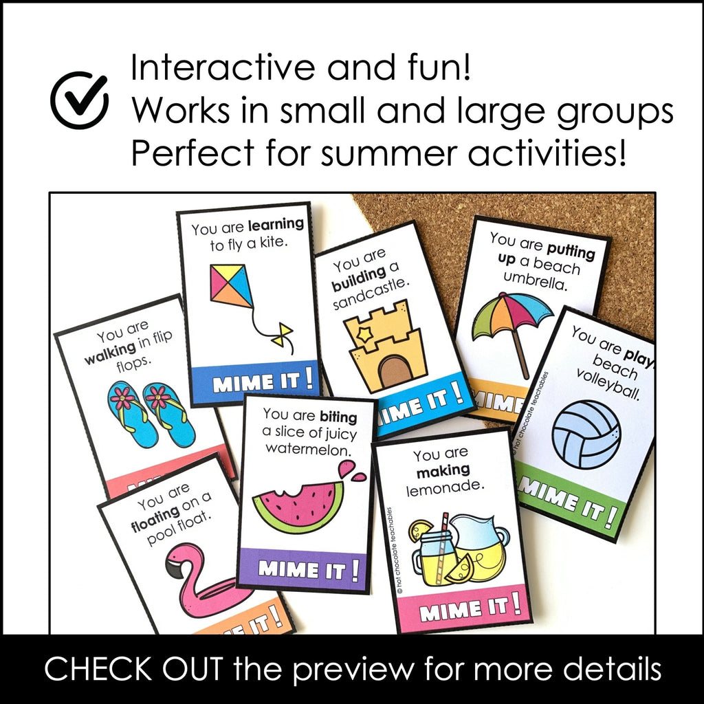 Summer Vacation Charades - Action Verb Miming Game for Kids - Hot Chocolate Teachables