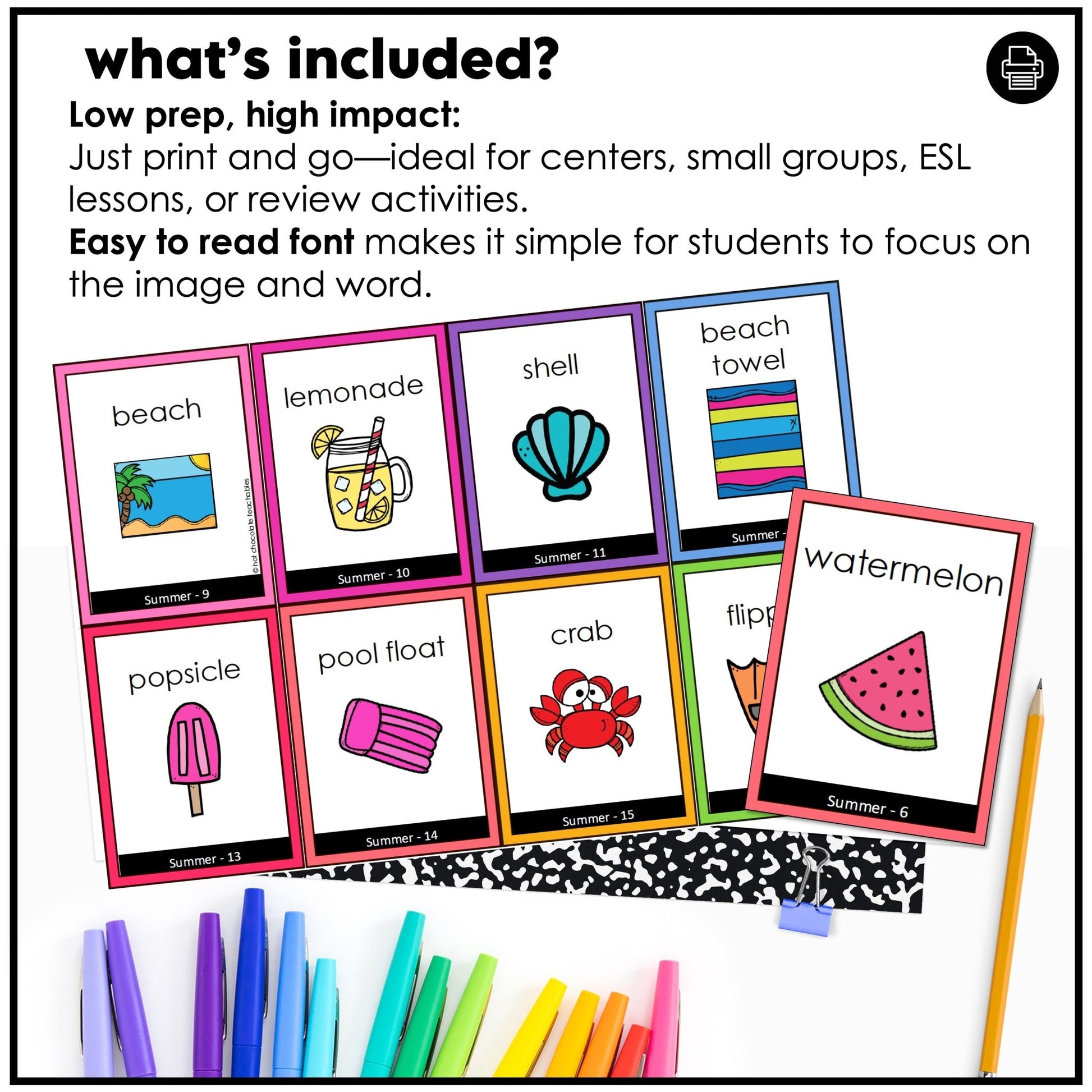 Summer Vocabulary Flashcards : ESL task cards - Flash Cards - Hot Chocolate Teachables