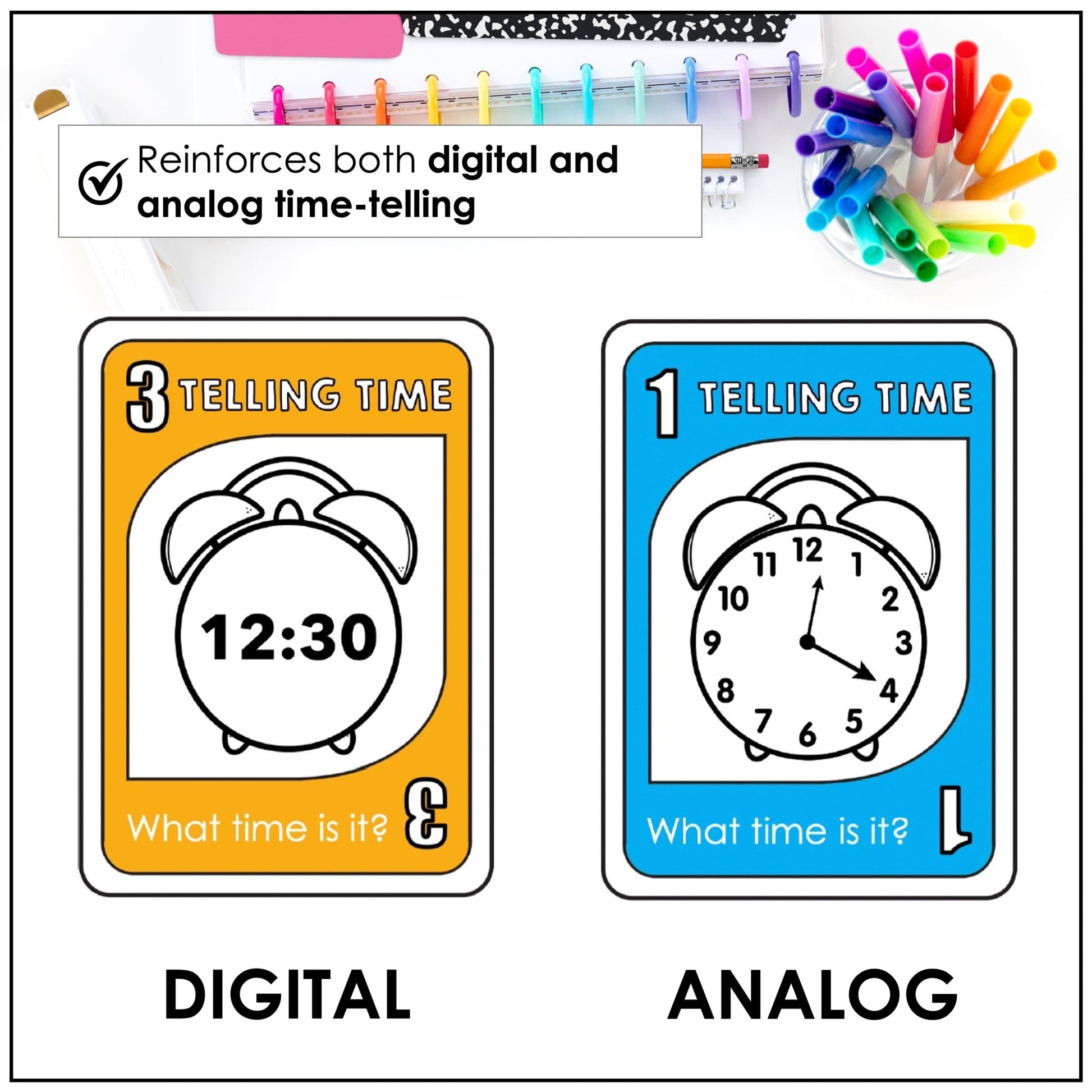 Telling Time Card Game | To the 5 minutes - What time is it? Digital & Analog - Hot Chocolate Teachables