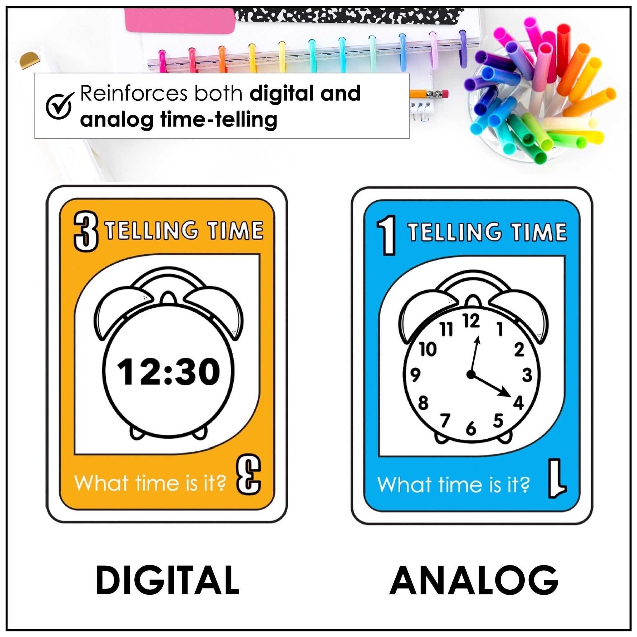 Telling Time Card Game | To the 5 minutes - What time is it? Digital & Analog - Hot Chocolate Teachables