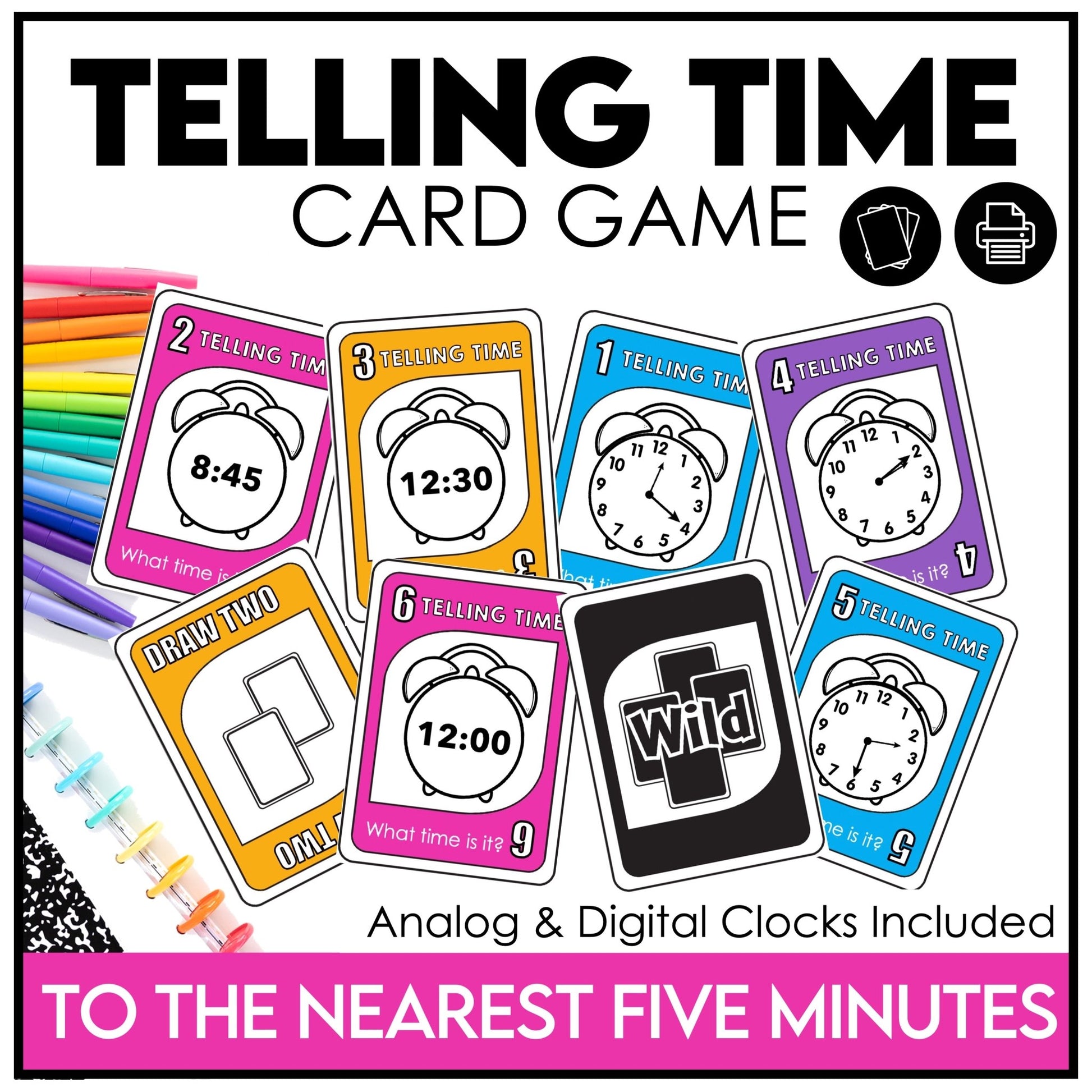 Telling Time Card Game | To the 5 minutes - What time is it? Digital & Analog - Hot Chocolate Teachables