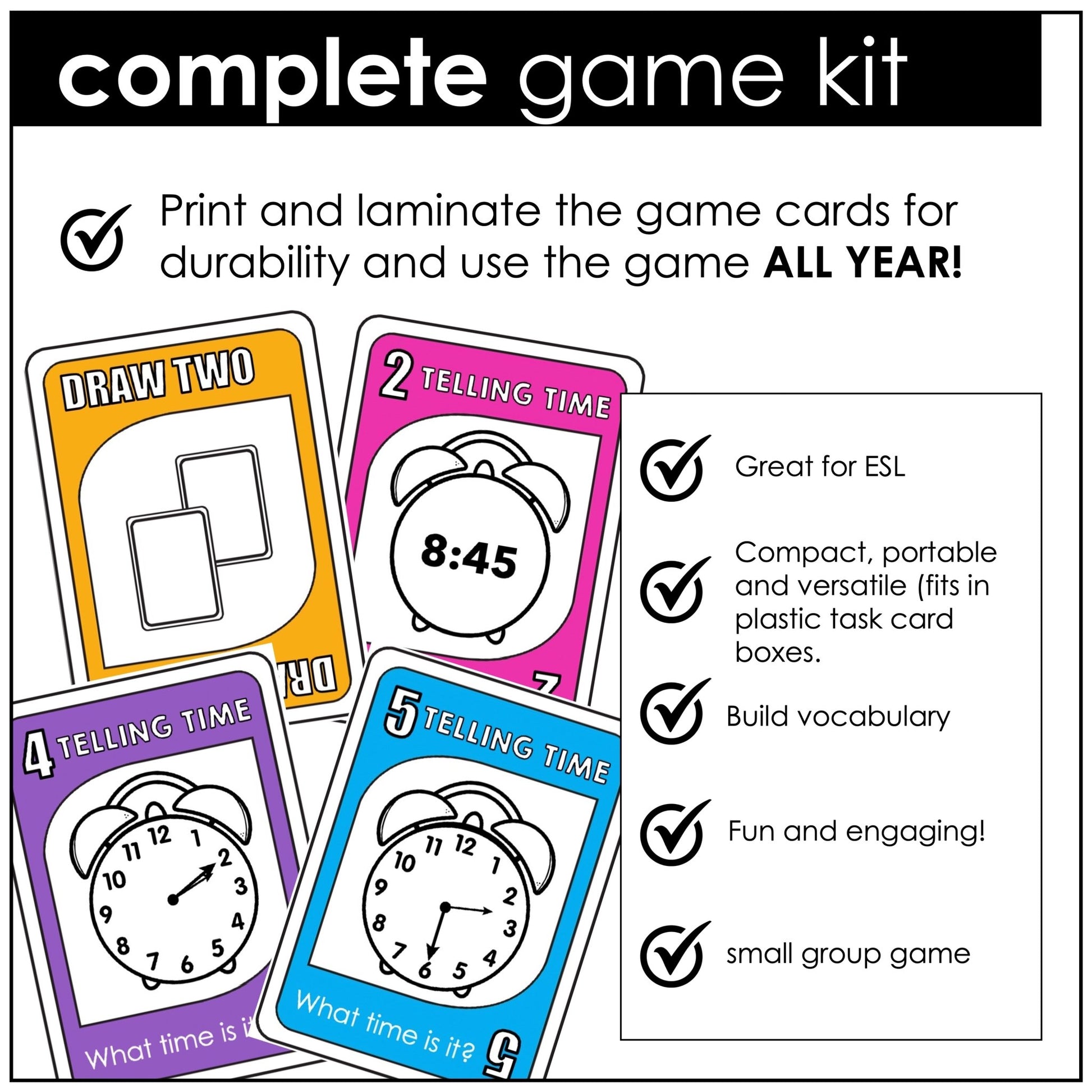Telling Time Card Game | To the 5 minutes - What time is it? Digital & Analog - Hot Chocolate Teachables