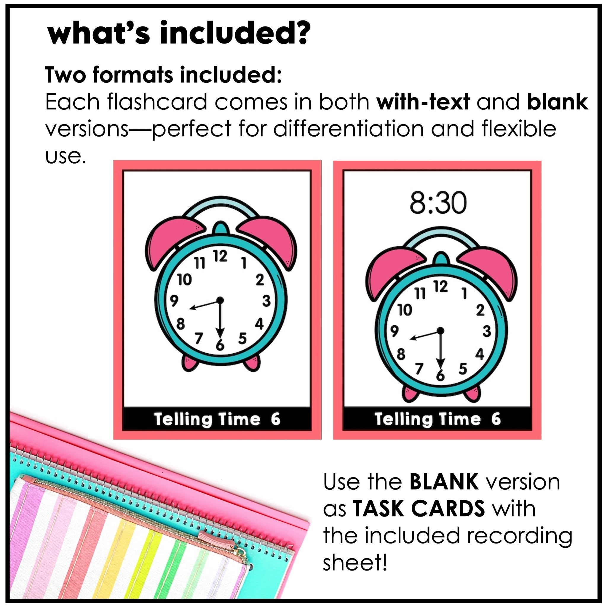 Telling Time Flashcards | ESL Task Cards - to the HOUR, HALF HOUR, QUARTER HOUR - Hot Chocolate Teachables