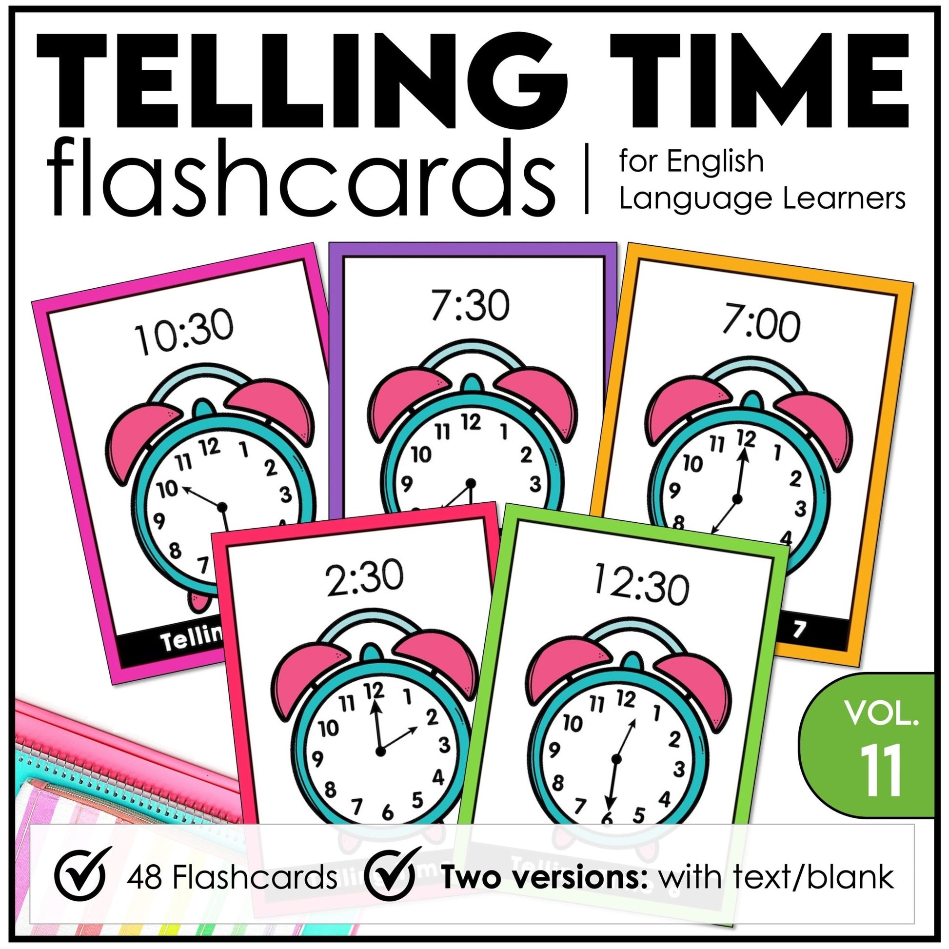 Telling Time Flashcards | ESL Task Cards - to the HOUR, HALF HOUR, QUARTER HOUR - Hot Chocolate Teachables
