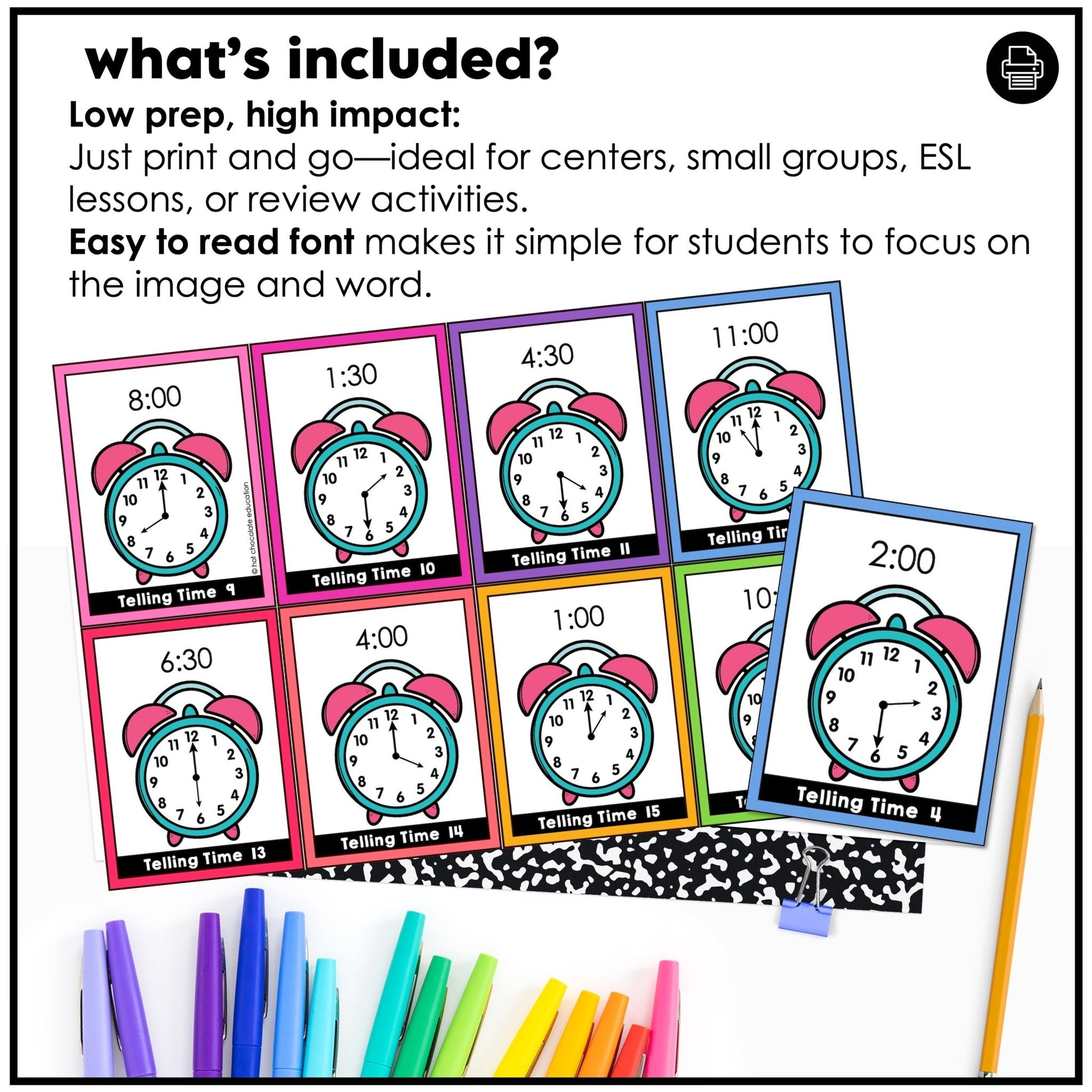 Telling Time Flashcards | ESL Task Cards - to the HOUR, HALF HOUR, QUARTER HOUR - Hot Chocolate Teachables