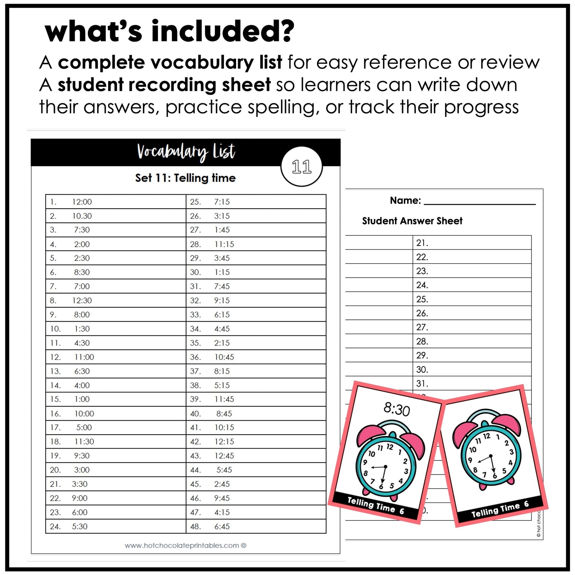 Telling Time Flashcards | ESL Task Cards - to the HOUR, HALF HOUR, QUARTER HOUR - Hot Chocolate Teachables