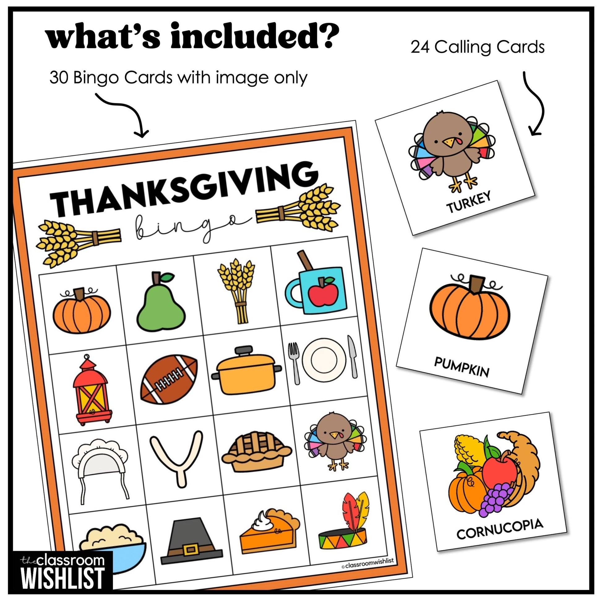 Thanksgiving Bingo Game Cards | 3 Complete Sets| Word and Picture | ELL & ESL - Hot Chocolate Teachables