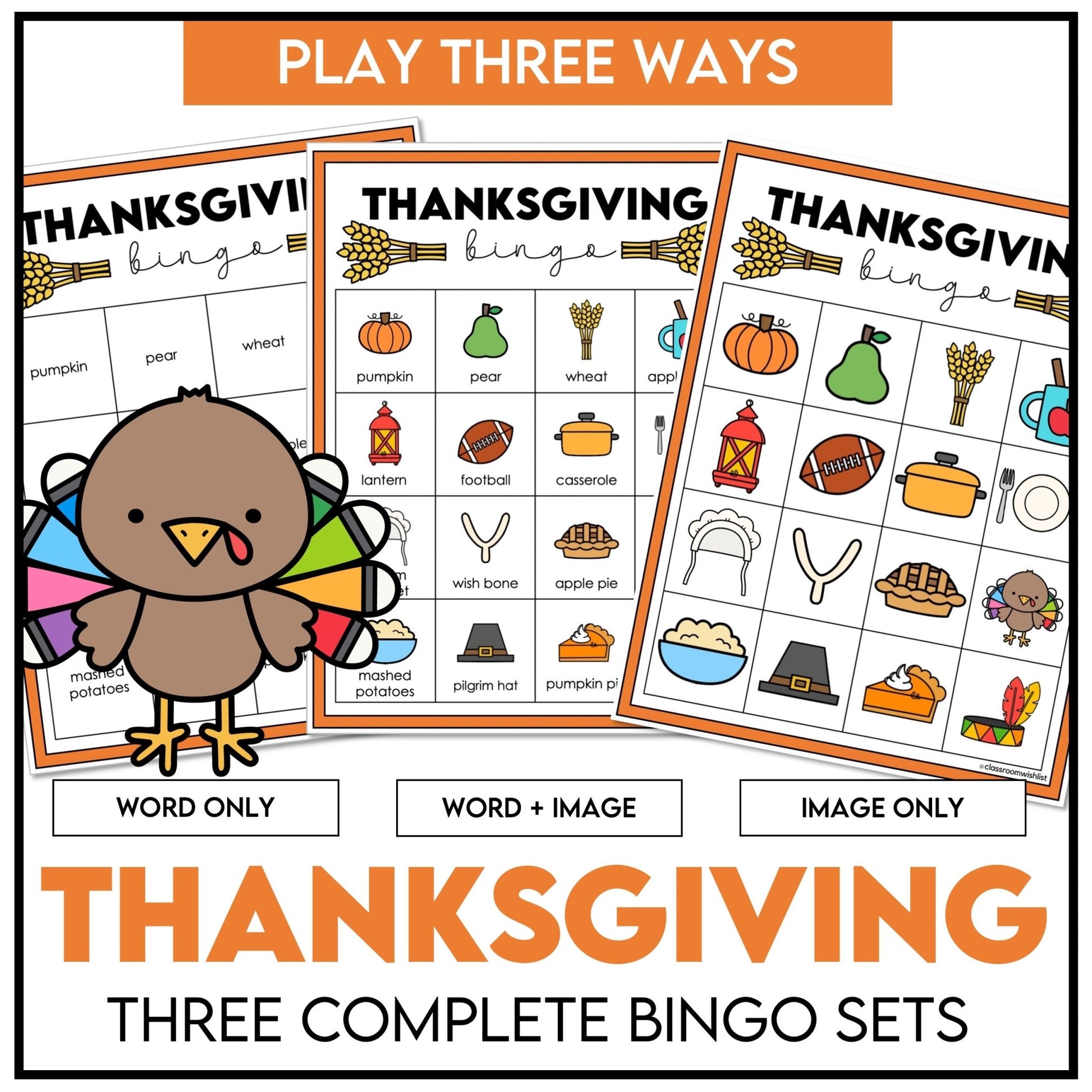 Thanksgiving Bingo Game Cards | 3 Complete Sets| Word and Picture | ELL & ESL - Hot Chocolate Teachables