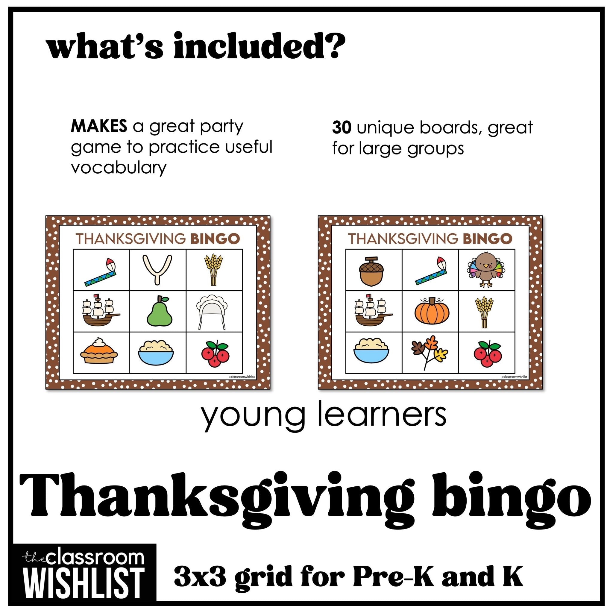Thanksgiving Bingo Game for Preschool & Kindergarten | ESL Vocabulary Activity - Hot Chocolate Teachables