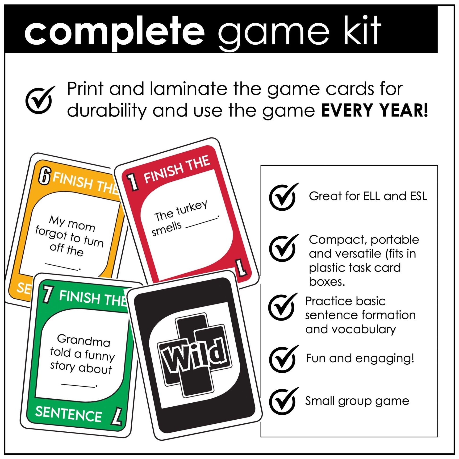 Thanksgiving Card Game – Finish the Sentence with Adjectives, Nouns & Verbs - Hot Chocolate Teachables