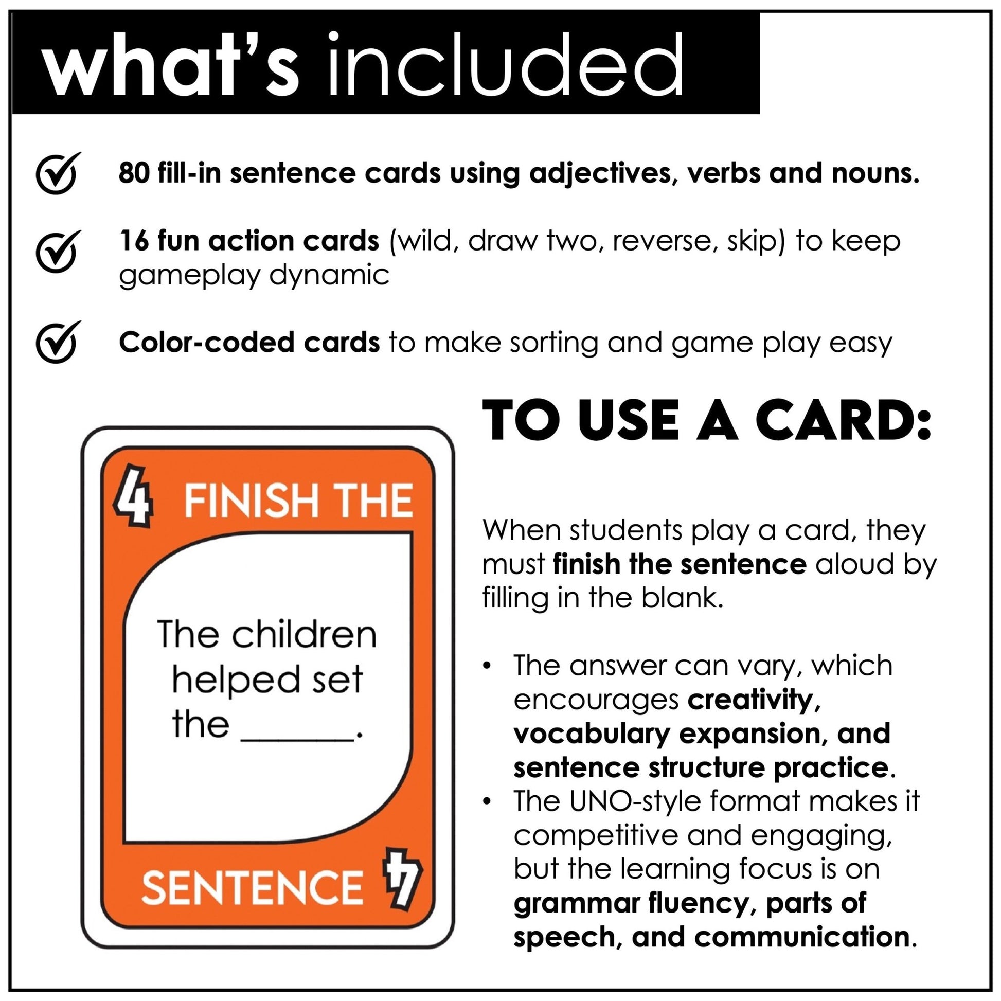 Thanksgiving Card Game – Finish the Sentence with Adjectives, Nouns & Verbs - Hot Chocolate Teachables