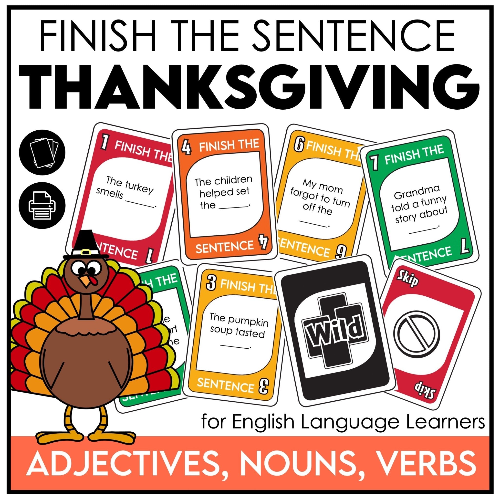Thanksgiving Card Game – Finish the Sentence with Adjectives, Nouns & Verbs - Hot Chocolate Teachables