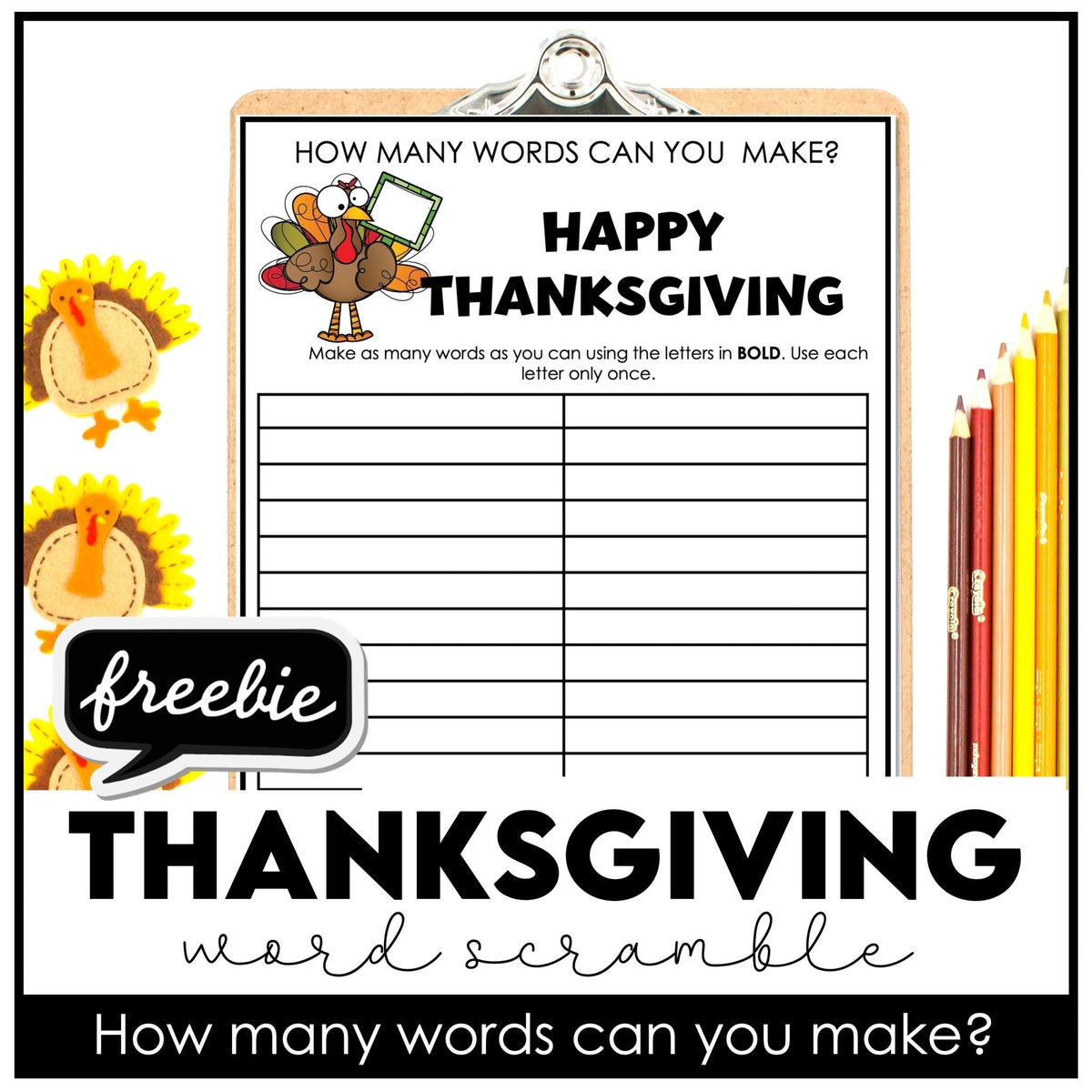 Thanksgiving Word Scramble FREEBIE - How many words can you make? - Hot Chocolate Teachables