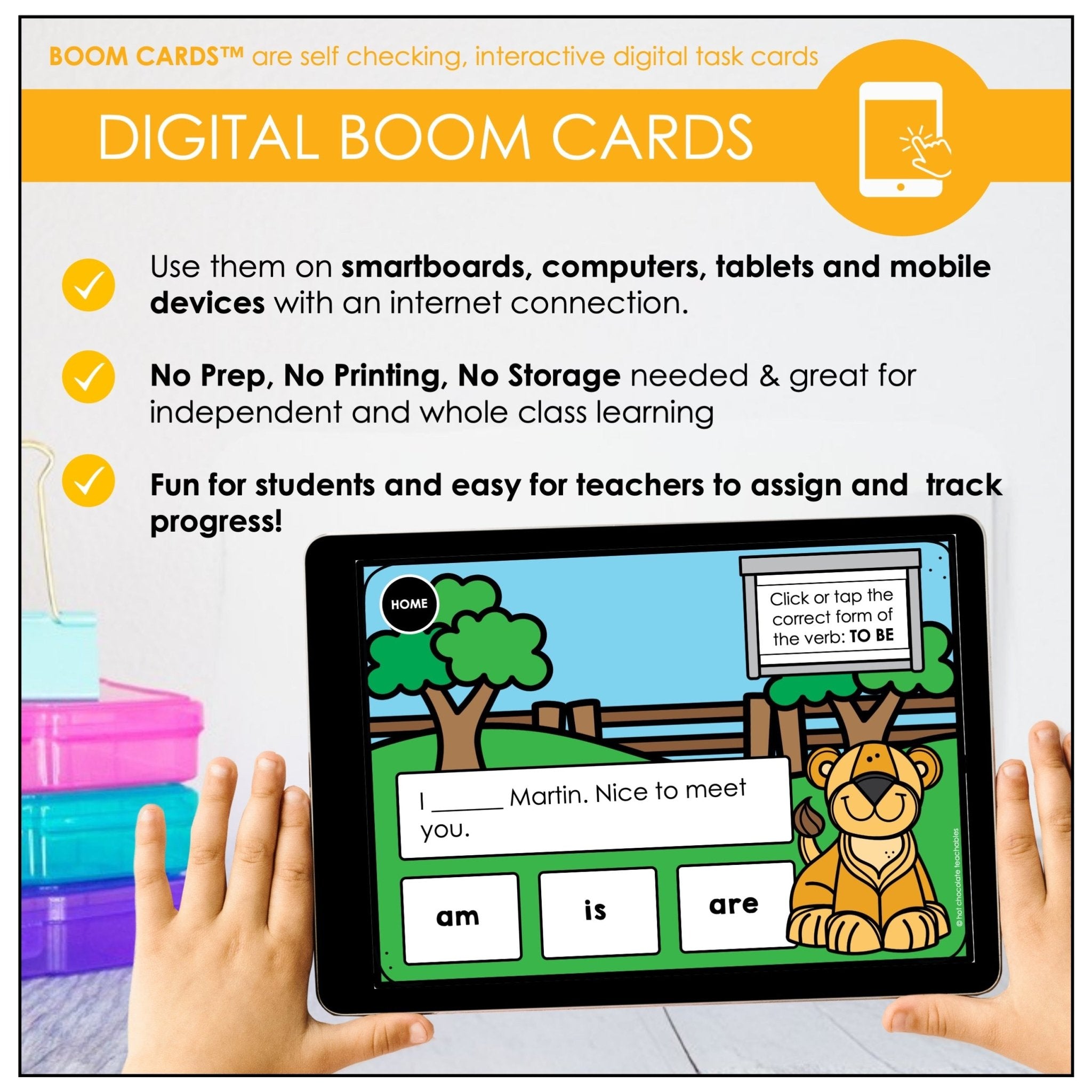 TO BE - AM - IS - ARE - Subject Verb Agreement Boom Cards - ESL - Present Simple - Hot Chocolate Teachables