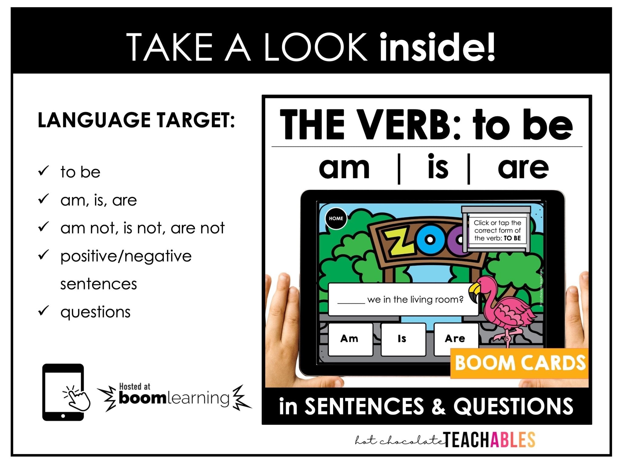 TO BE - AM - IS - ARE - Subject Verb Agreement Boom Cards - ESL - Present Simple - Hot Chocolate Teachables