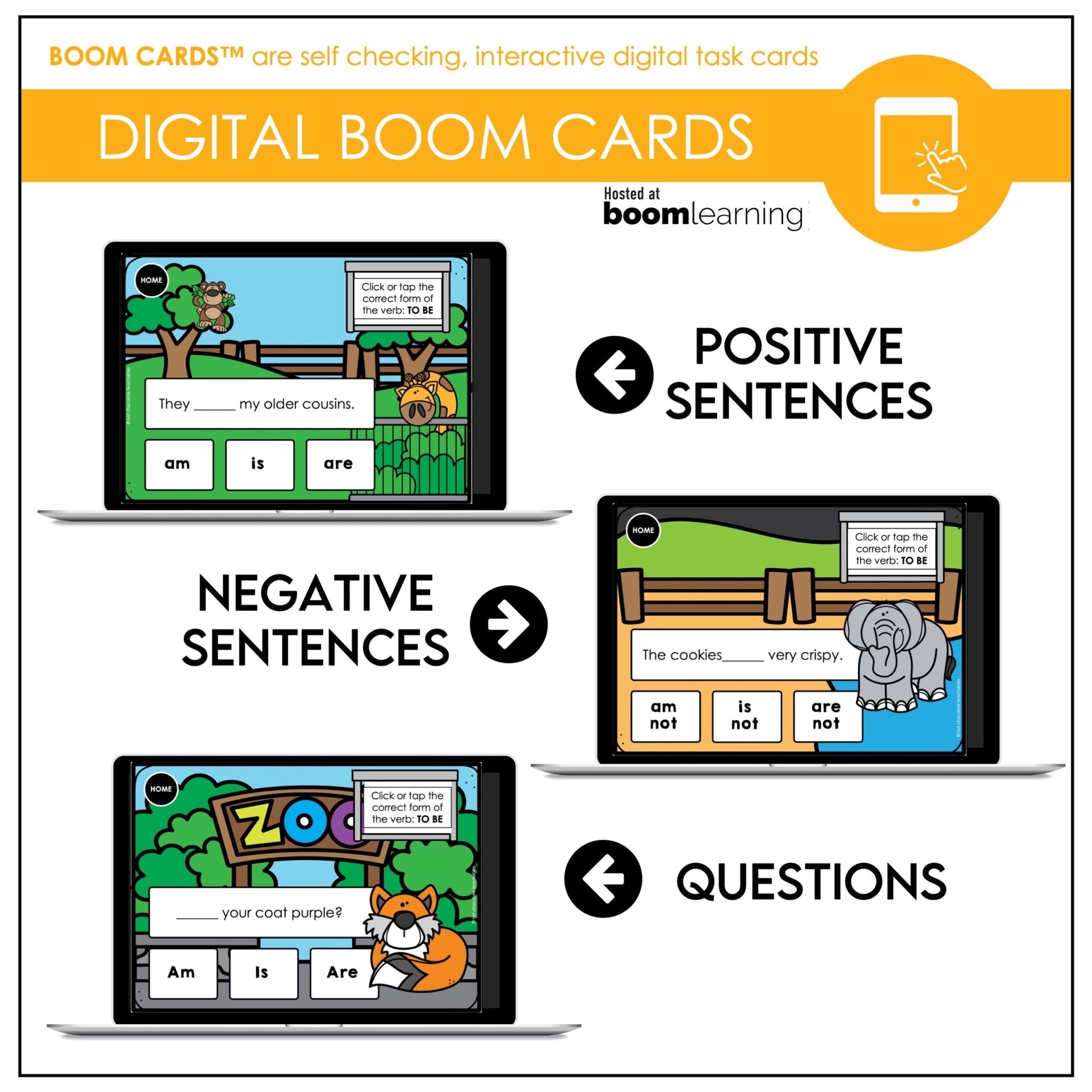 TO BE - AM - IS - ARE - Subject Verb Agreement Boom Cards - ESL - Present Simple - Hot Chocolate Teachables