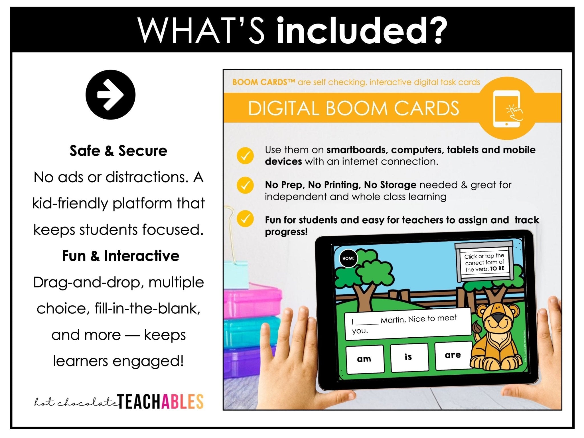 TO BE - AM - IS - ARE - Subject Verb Agreement Boom Cards - ESL - Present Simple - Hot Chocolate Teachables