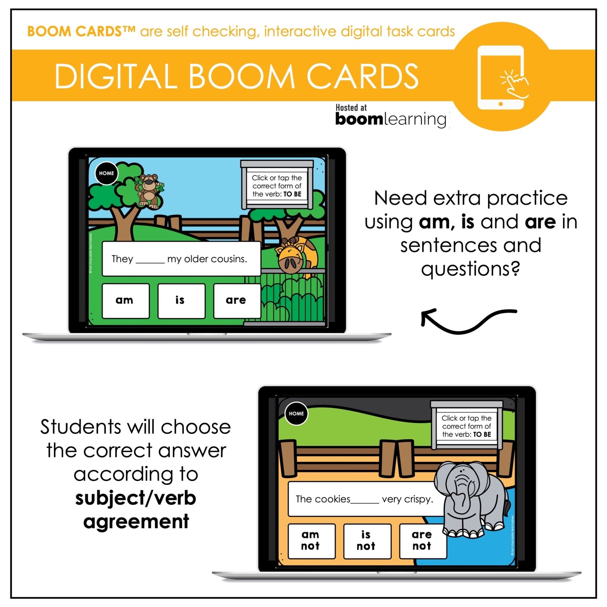 TO BE - AM - IS - ARE - Subject Verb Agreement Boom Cards - ESL - Present Simple - Hot Chocolate Teachables