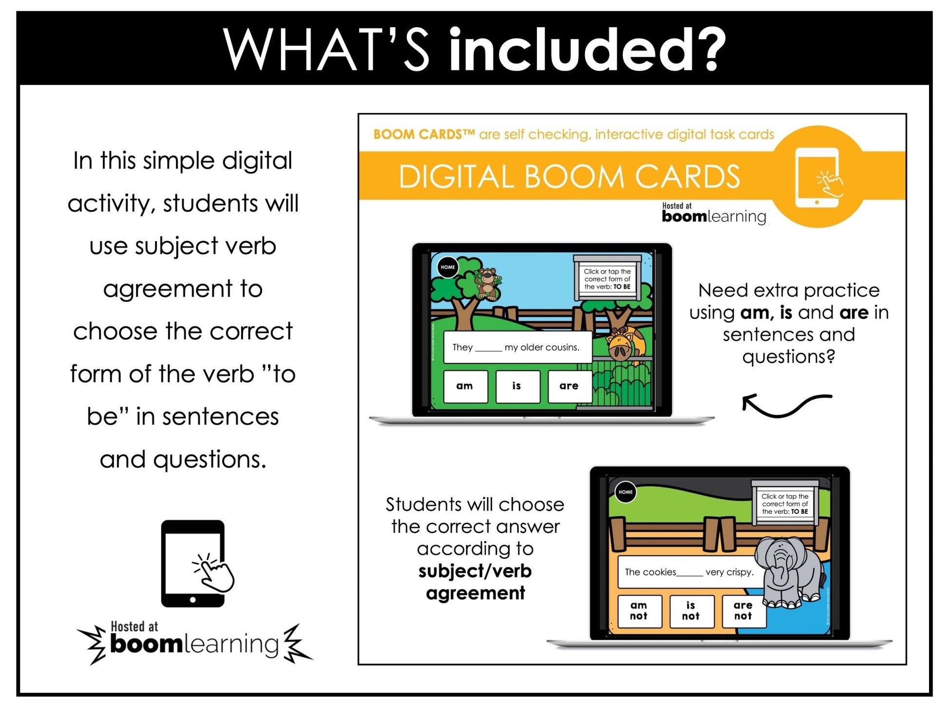 TO BE - AM - IS - ARE - Subject Verb Agreement Boom Cards - ESL - Present Simple - Hot Chocolate Teachables