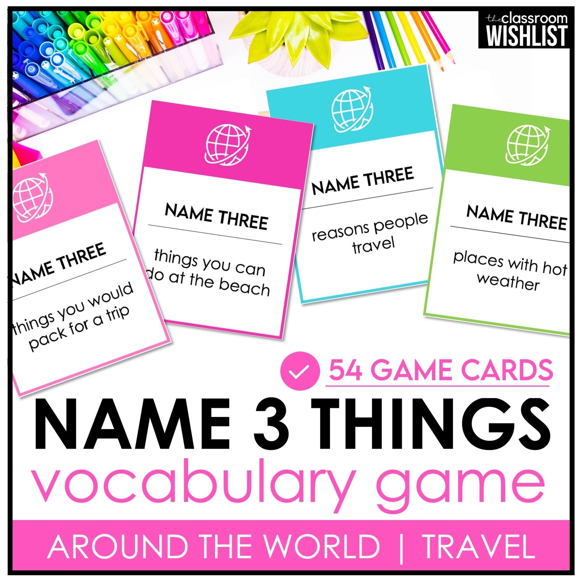 Travel Vocabulary Card Game for ESL | Name 3 Things Speaking & Categorizing Activity - Hot Chocolate Teachables