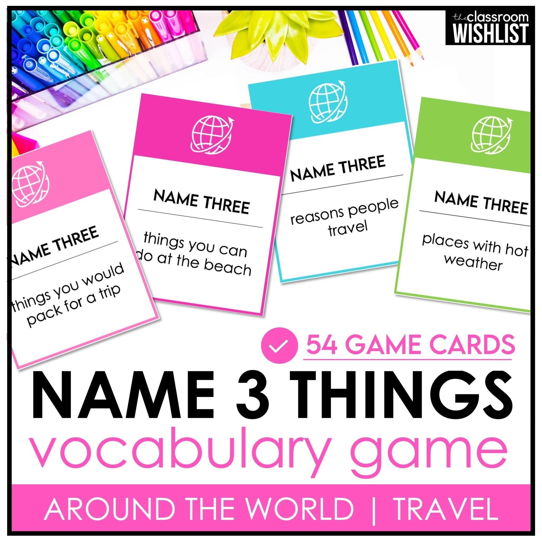 Travel Vocabulary Card Game for ESL | Name 3 Things Speaking & Categorizing Activity - Hot Chocolate Teachables