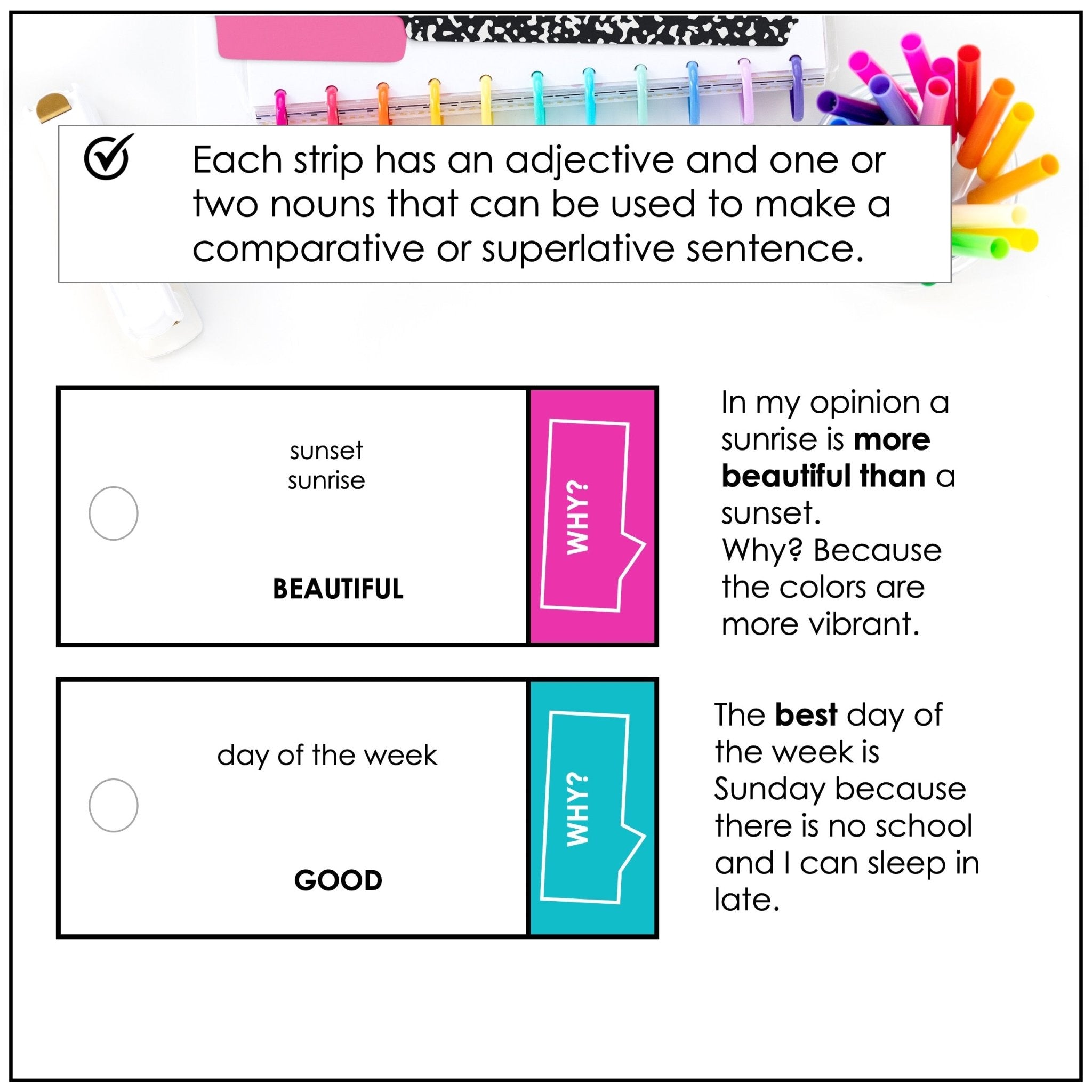 Using Comparative and Superlative Adjectives in Sentences: Speaking Strips - Hot Chocolate Teachables