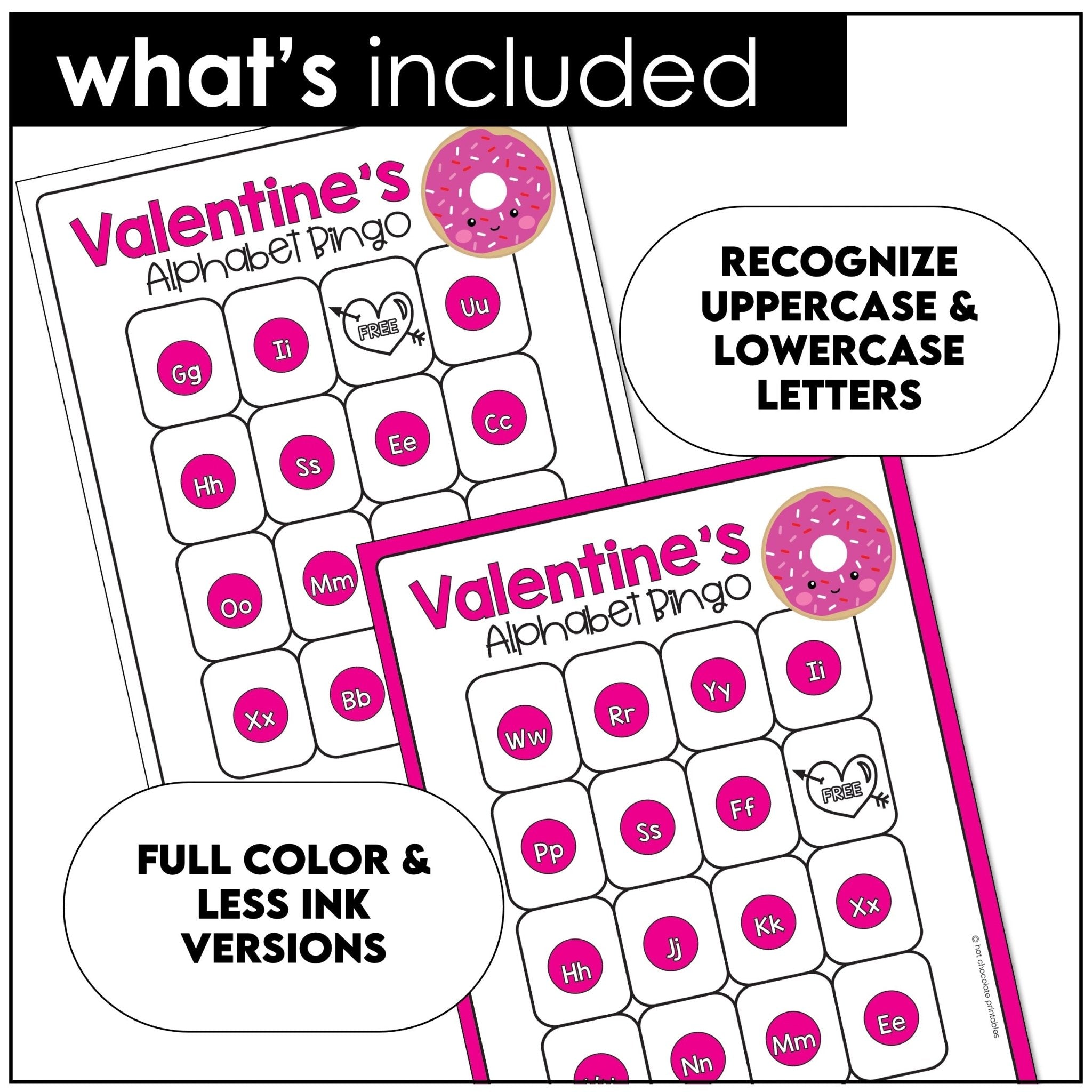 Valentine Alphabet Bingo Game A through Z - Uppercase & Lowercase Letters - Hot Chocolate Teachables