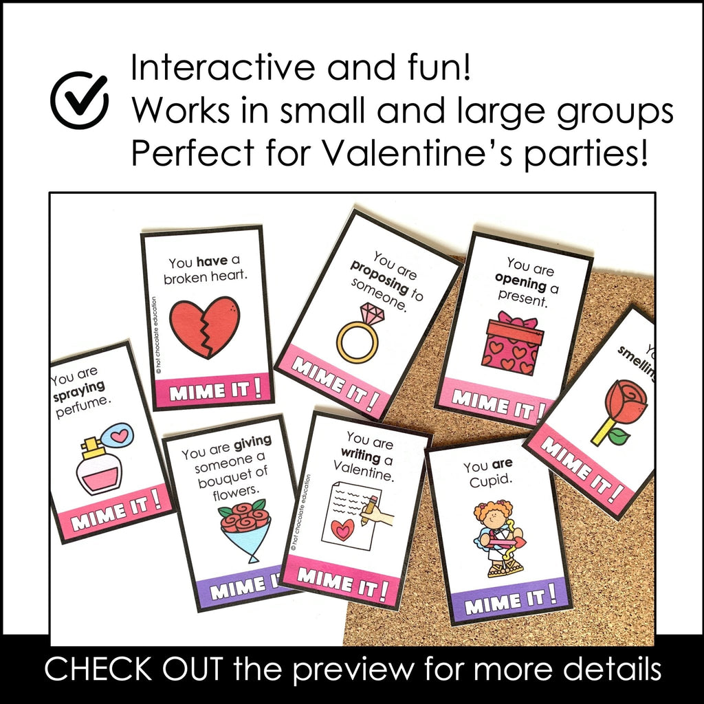 Valentine's Day Action Verb Charades : Present Continuous Miming Cards - Hot Chocolate Teachables