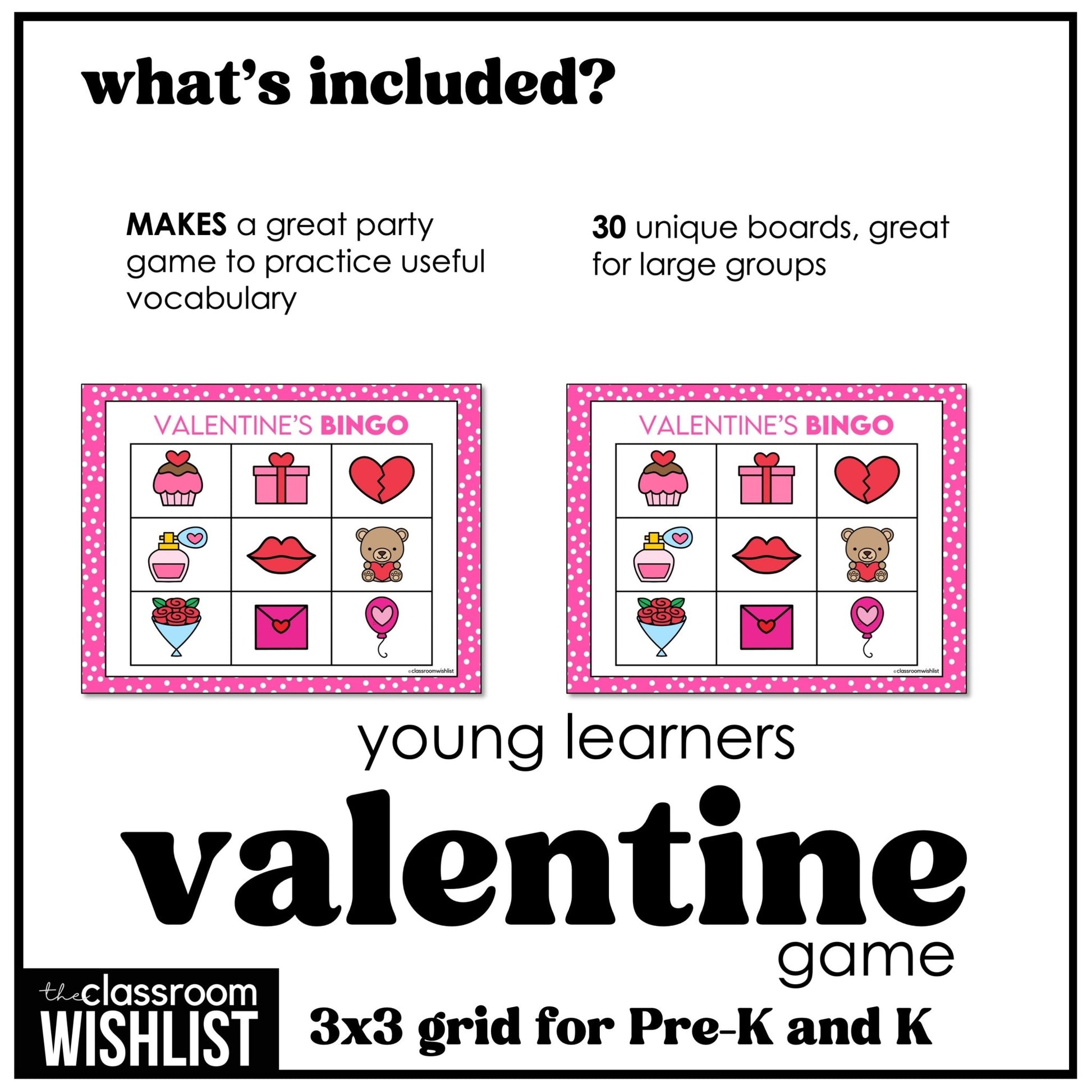 Valentine's Day Bingo Game for Preschool and Kindergarten - Easy Vocabulary - Hot Chocolate Teachables
