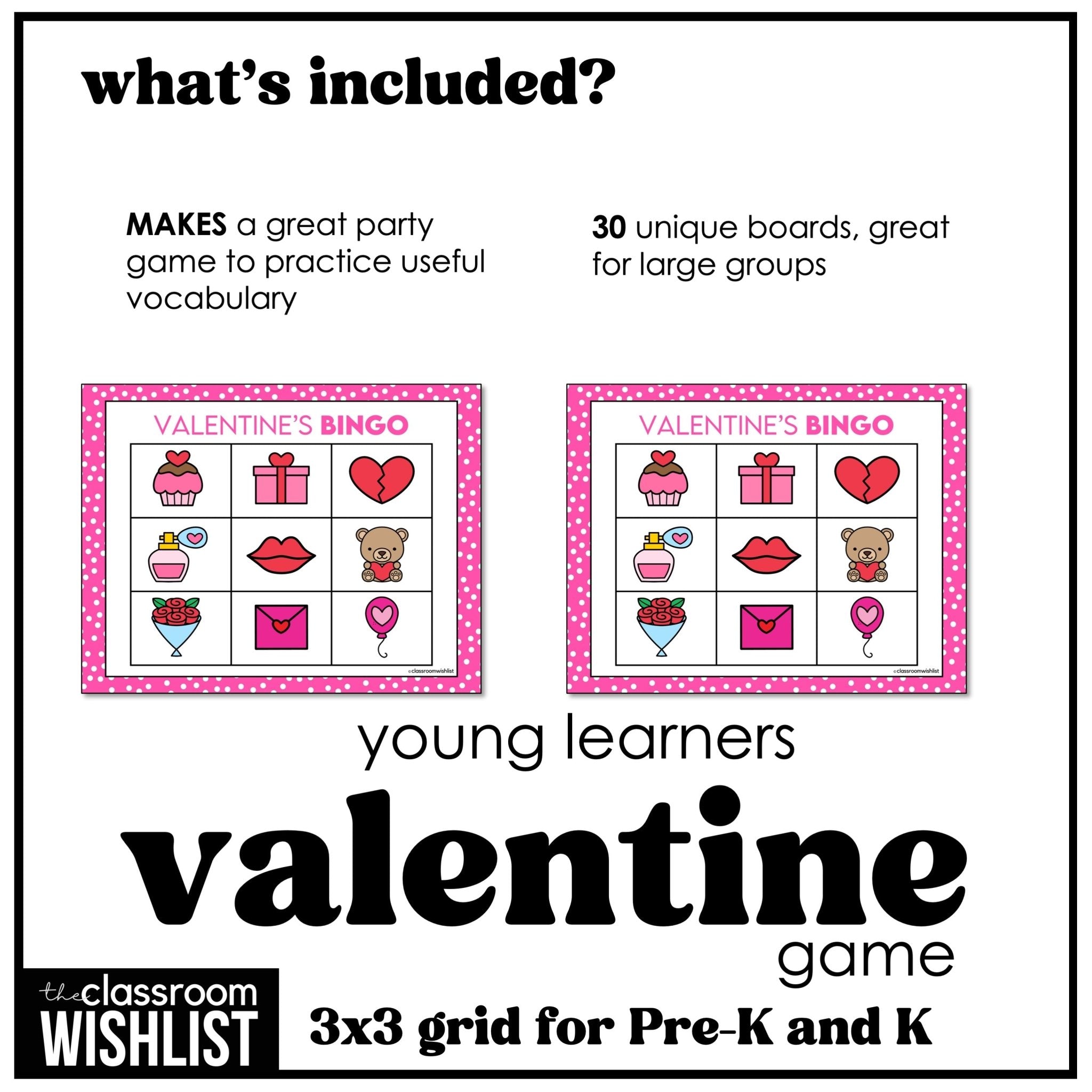 Valentine's Day Bingo Game for Preschool and Kindergarten - Easy Vocabulary - Hot Chocolate Teachables