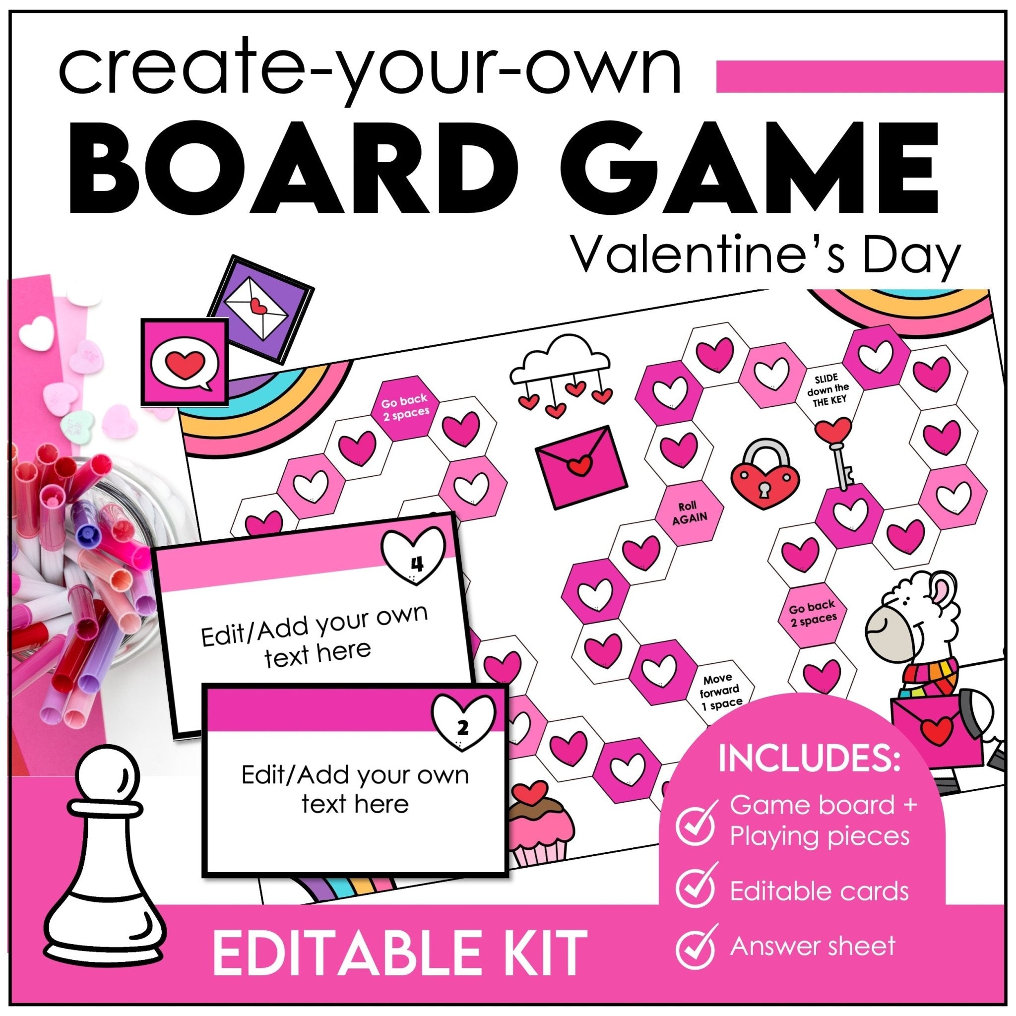 Valentine's Day Board Game Template for ANY subject with Editable Game Cards - Hot Chocolate Teachables