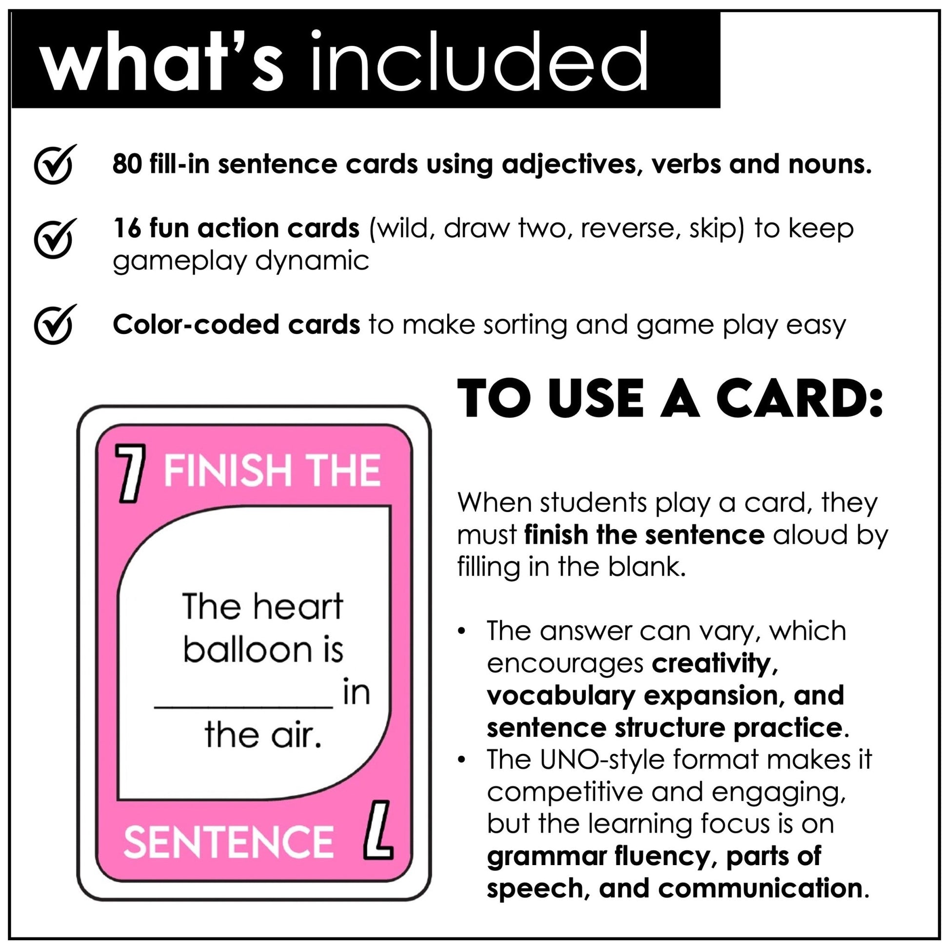 Valentine’s Day Card Game – Finish the Sentence with Adjectives, Nouns & Verbs - Hot Chocolate Teachables