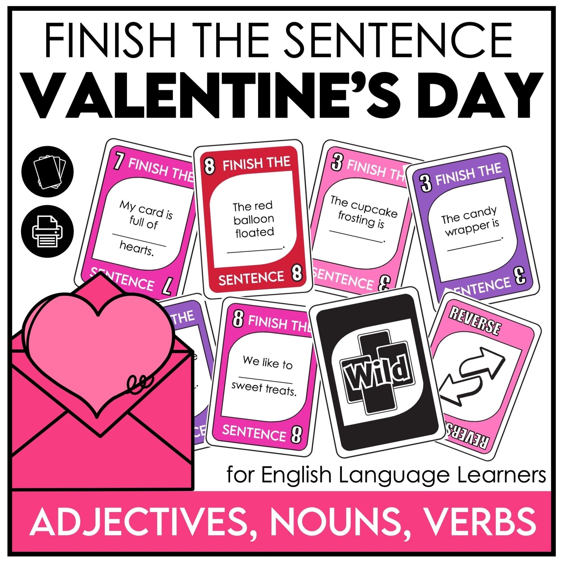Valentine’s Day Card Game – Finish the Sentence with Adjectives, Nouns & Verbs - Hot Chocolate Teachables